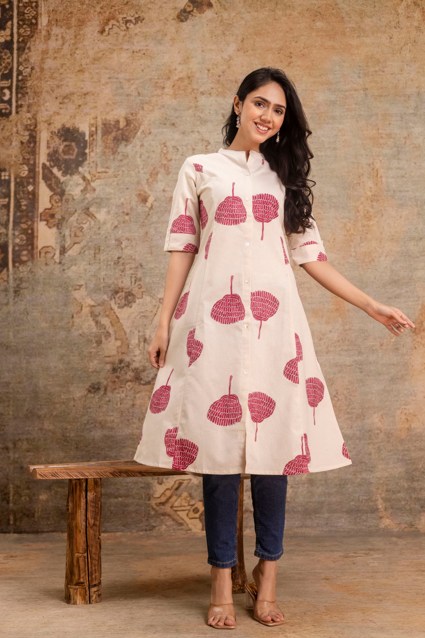 Elegant Off-White Printed A-Line Cotton Kurta with Front Button Detailing - Naticraft