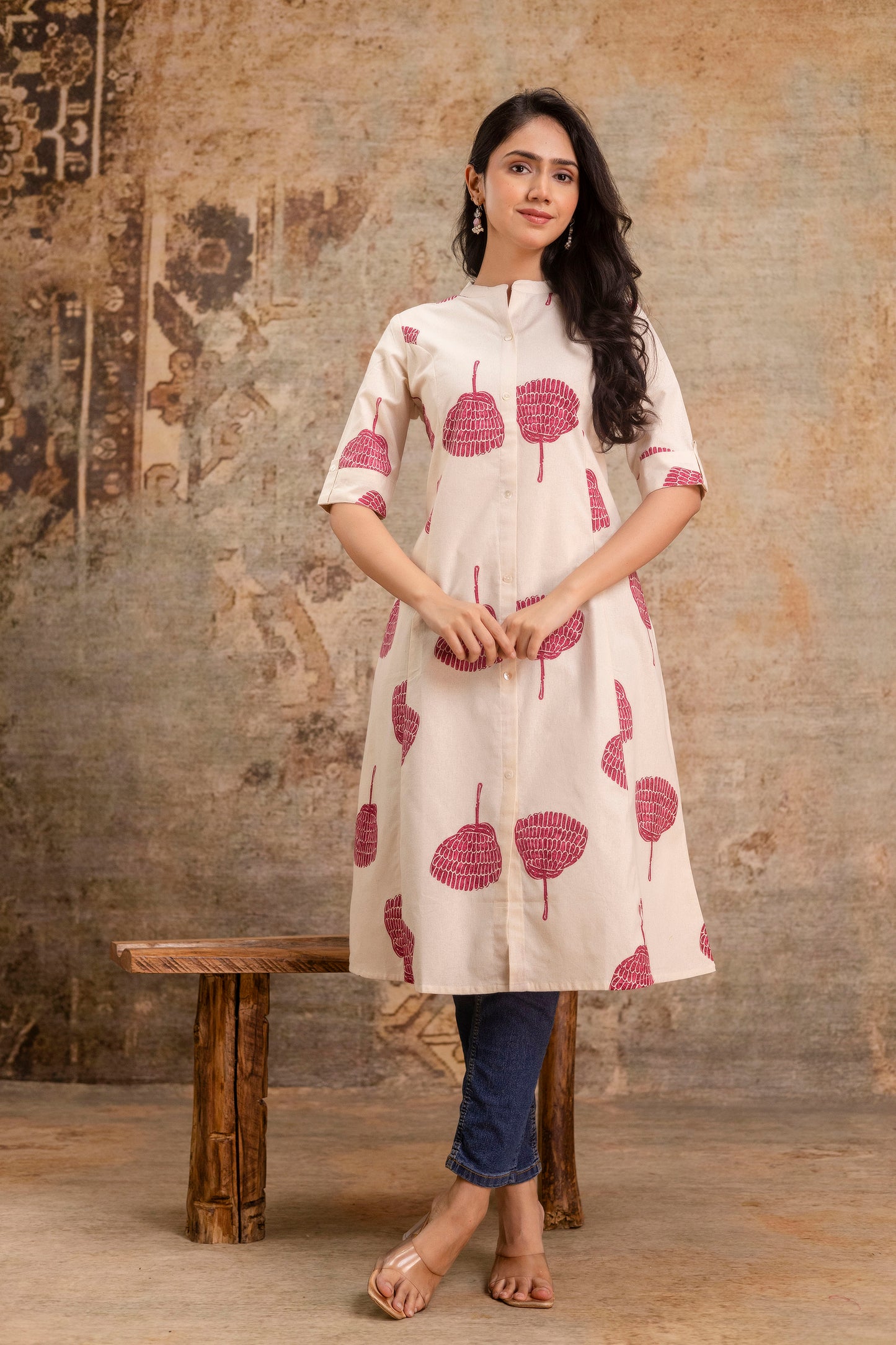 Elegant Off-White Printed A-Line Cotton Kurta with Front Button Detailing - Naticraft