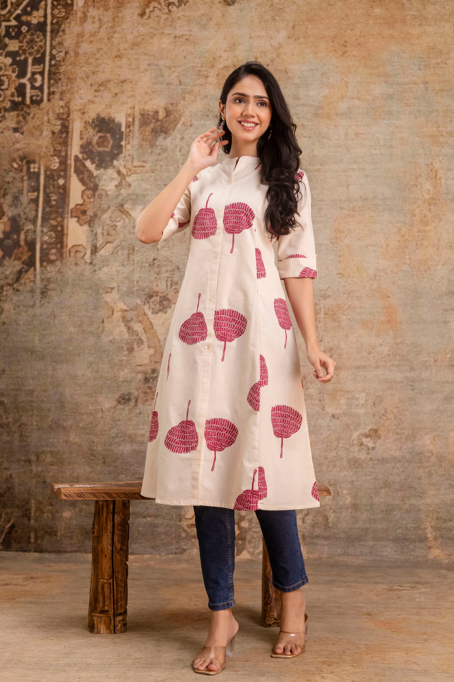 Elegant Off-White Printed A-Line Cotton Kurta with Front Button Detailing - Naticraft