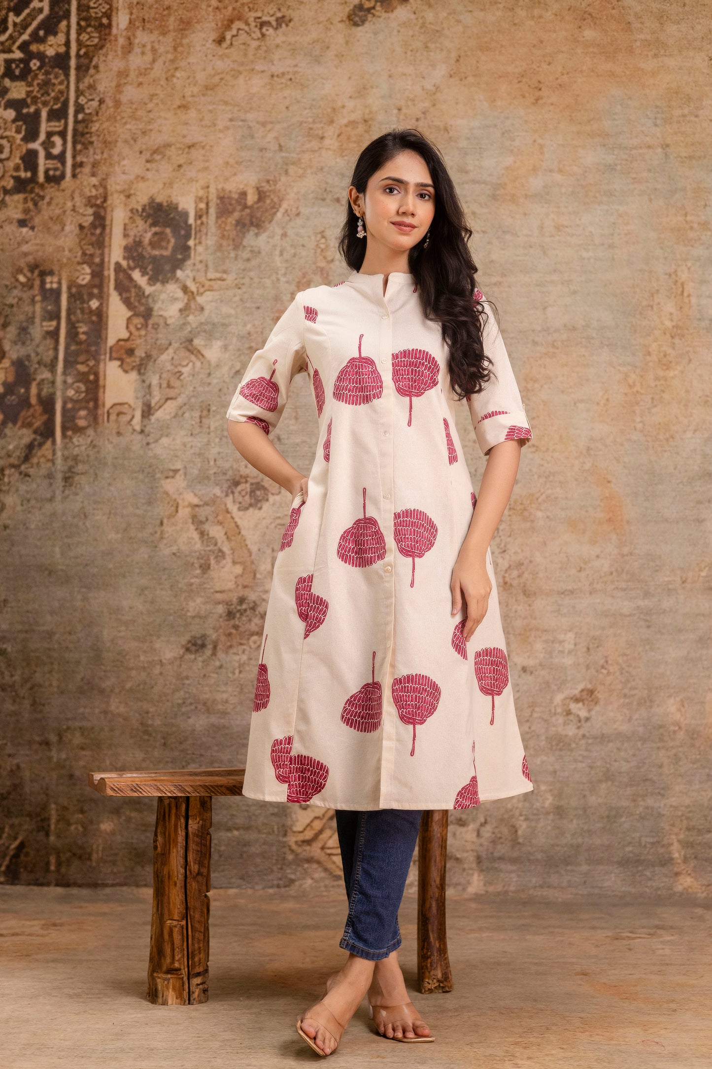 Elegant Off-White Printed A-Line Cotton Kurta with Front Button Detailing - Naticraft