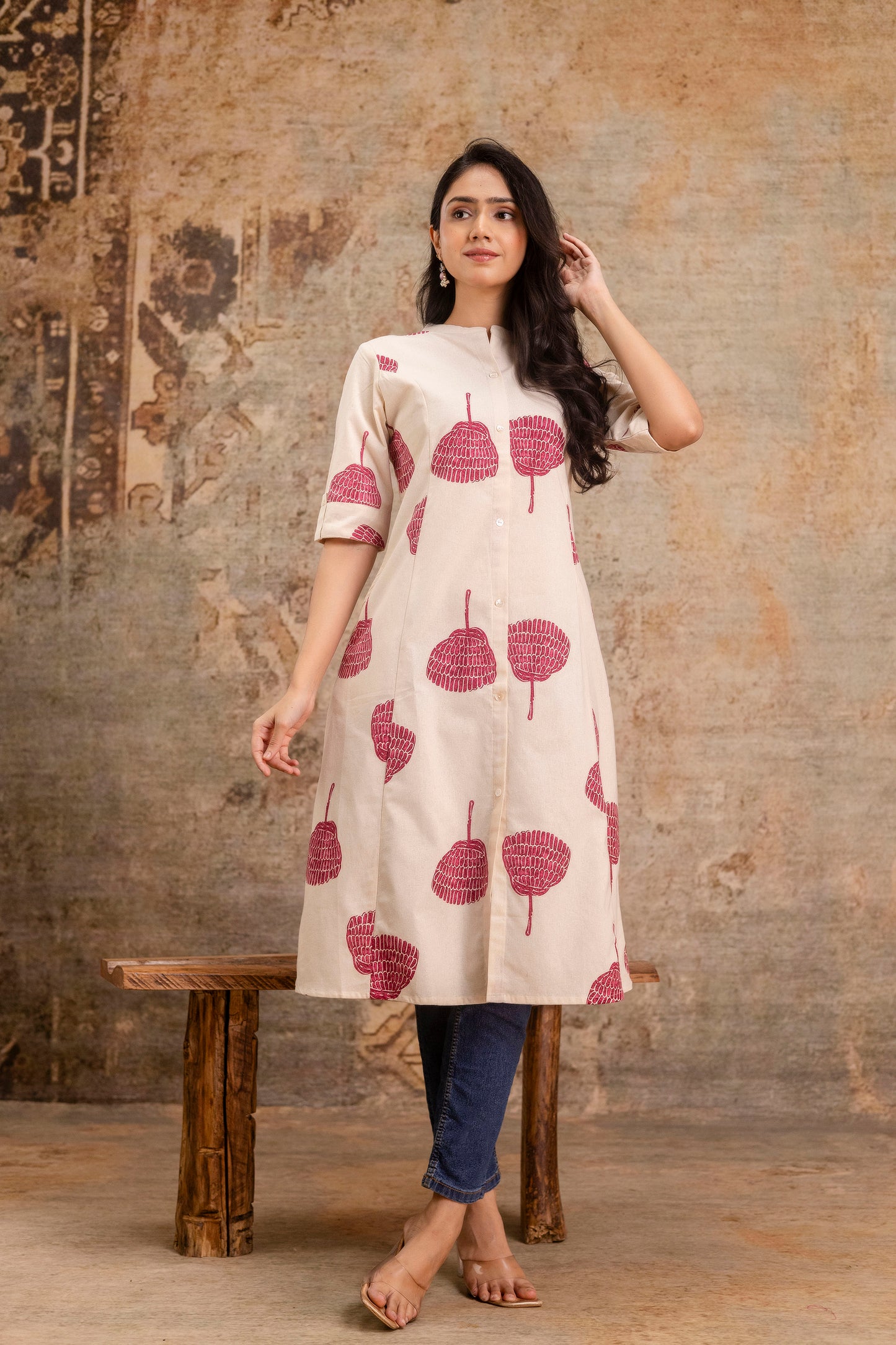 Elegant Off-White Printed A-Line Cotton Kurta with Front Button Detailing - Naticraft