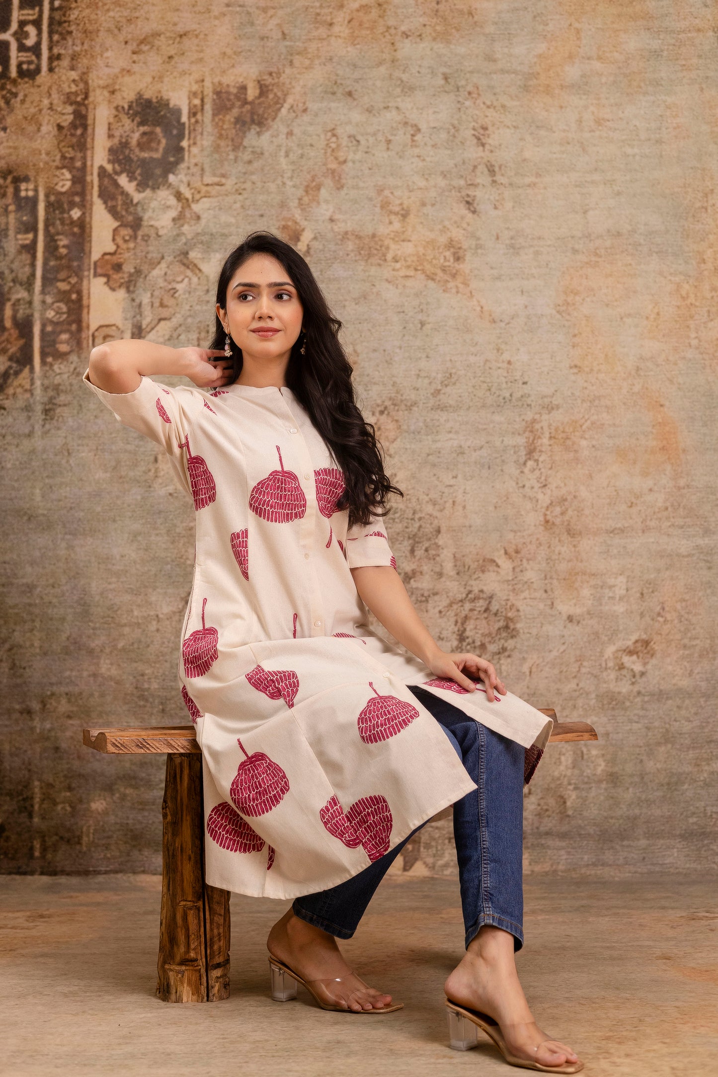 Elegant Off-White Printed A-Line Cotton Kurta with Front Button Detailing - Naticraft