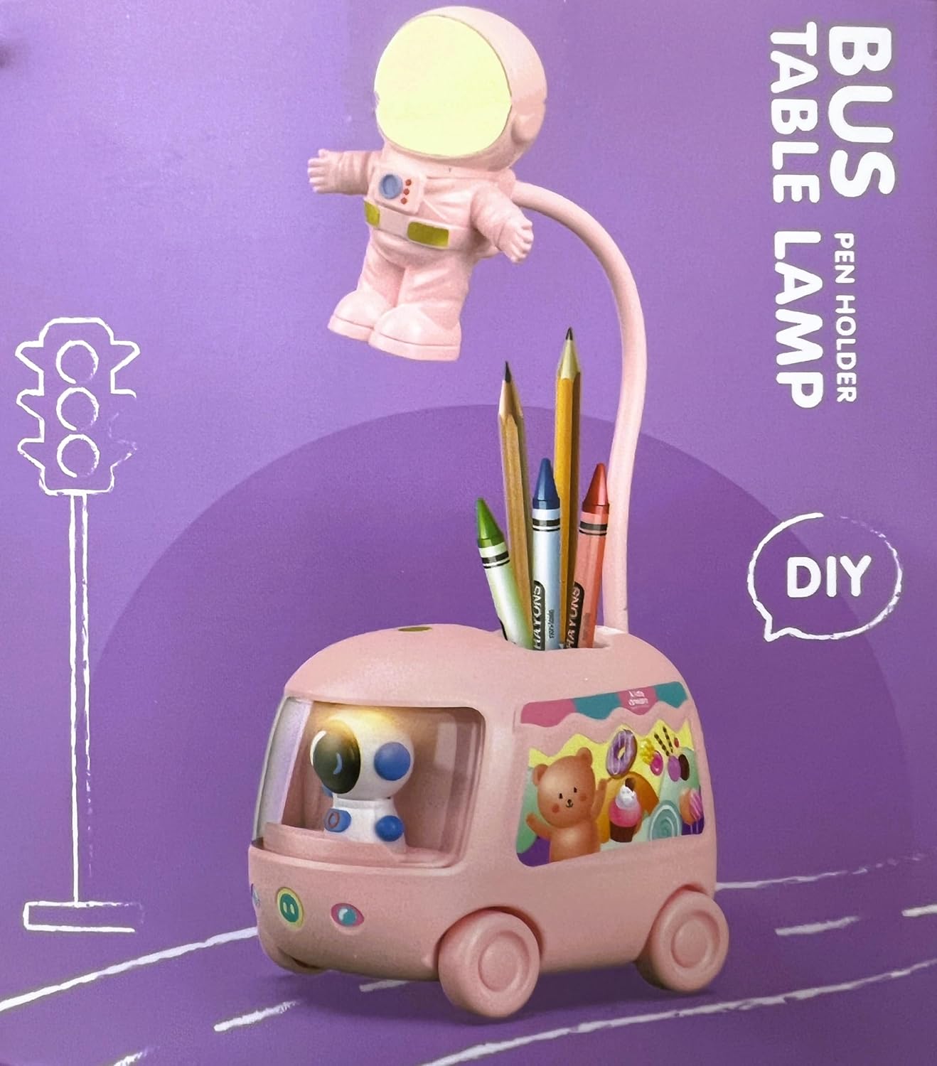 Bus Table Lamp Pen Holder - Cute Astronaut Design | DIY Night Light for Kids | Multi-Functional Desk Organizer