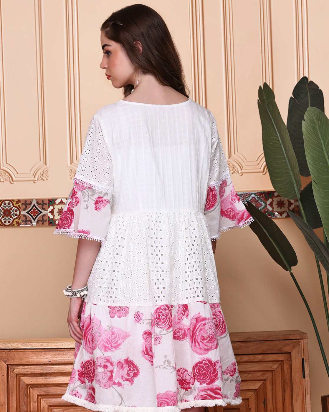 Blossom Dreams Embroidered Cotton Dress – White & Pink - Naticraft