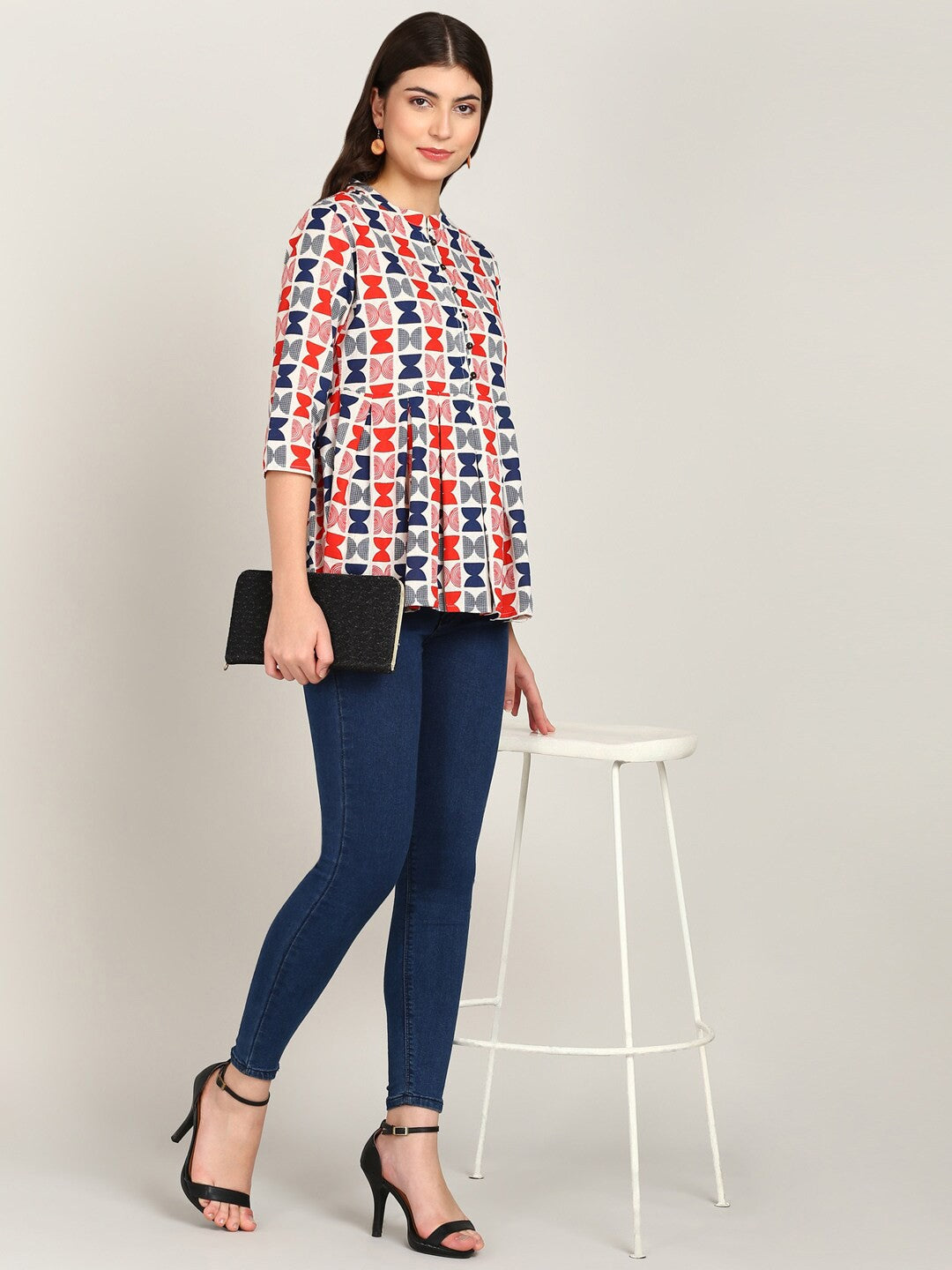 Geometric Print Peplum Top – Red & Blue - Naticraft