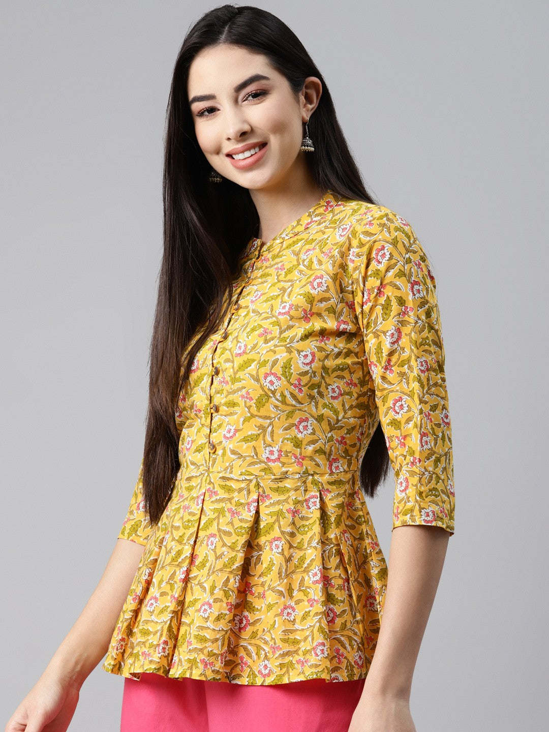 Floral Yellow Cotton Peplum Top with Button Detail - Naticraft