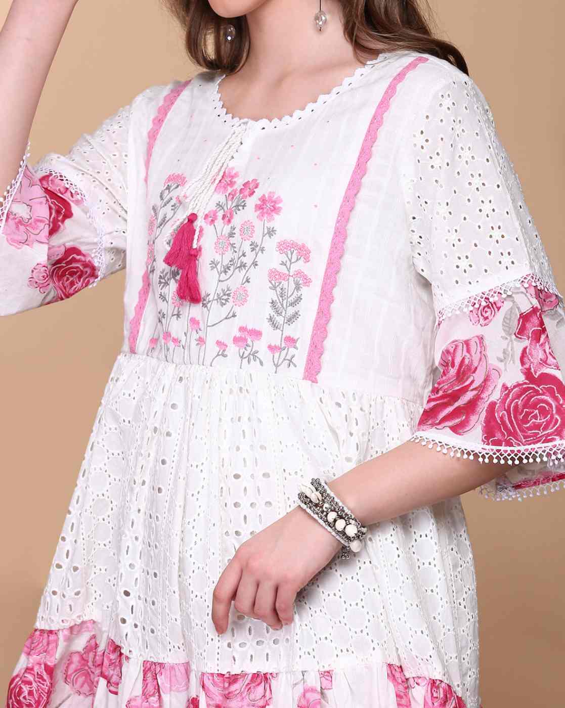 Blossom Dreams Embroidered Cotton Dress – White & Pink - Naticraft