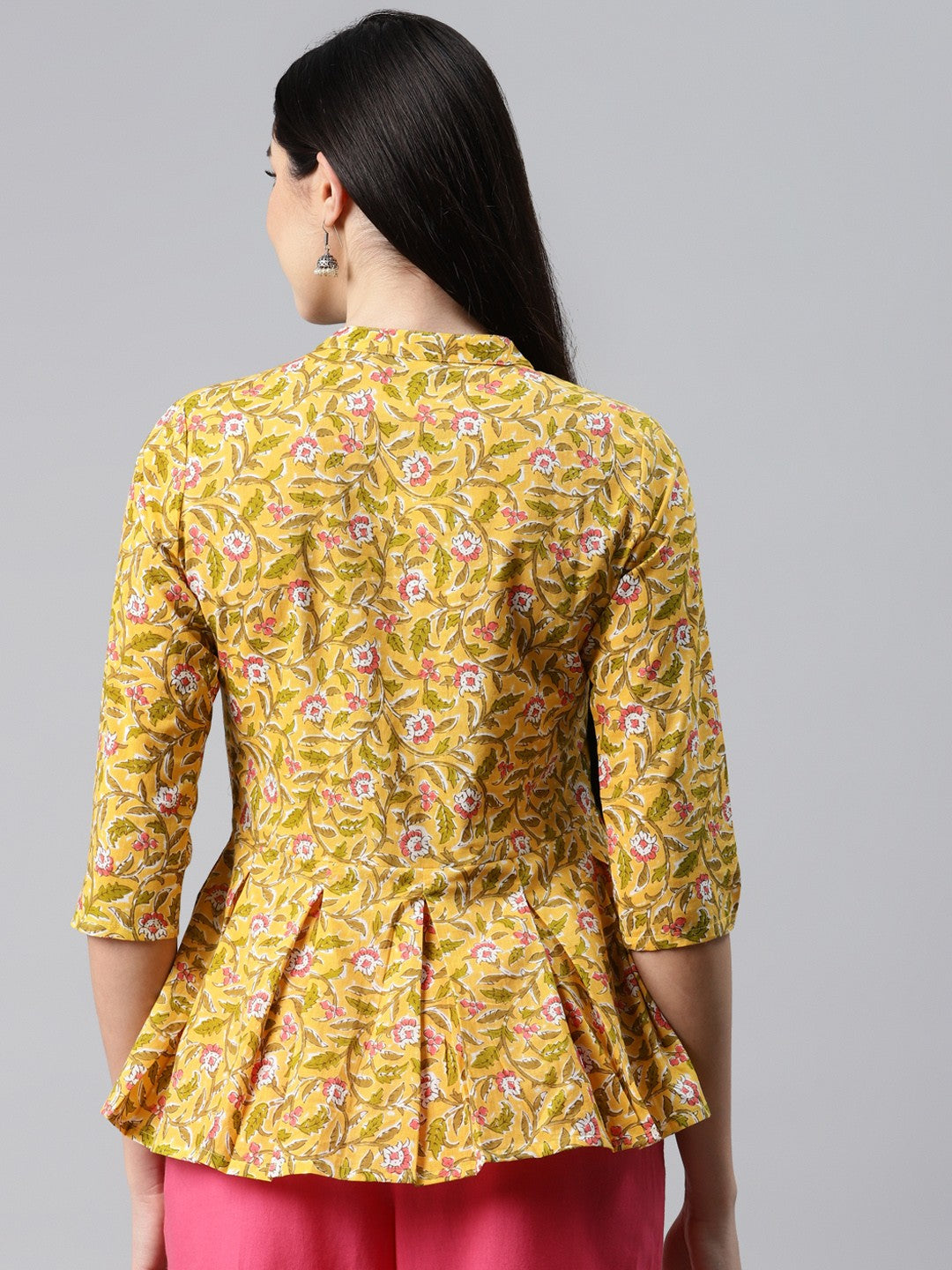 Floral Yellow Cotton Peplum Top with Button Detail - Naticraft