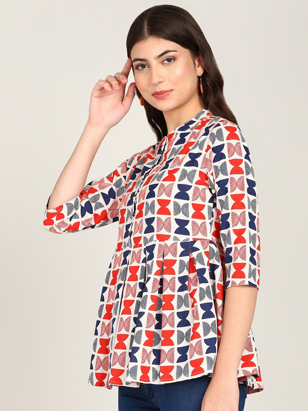 Geometric Print Peplum Top – Red & Blue - Naticraft