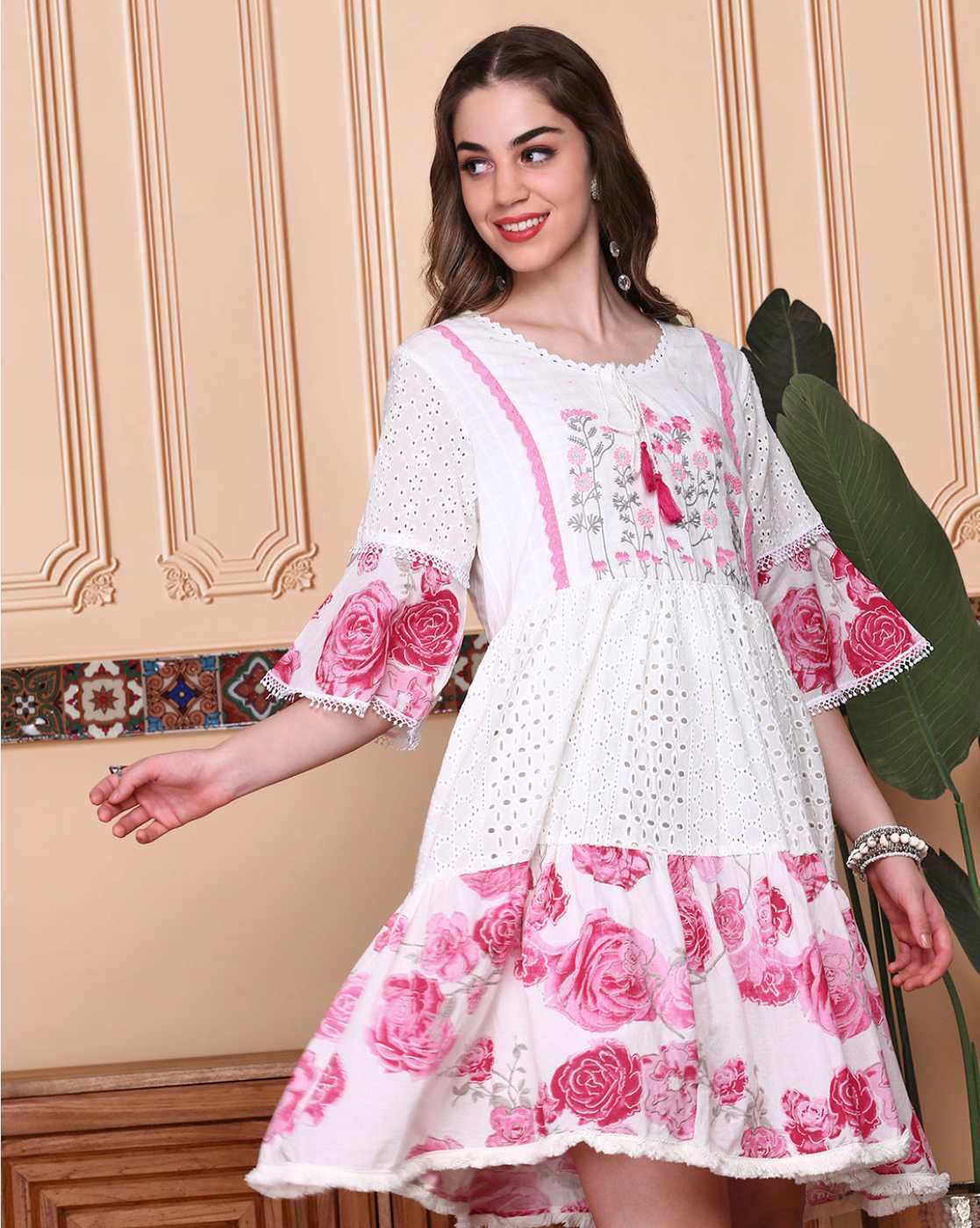 Blossom Dreams Embroidered Cotton Dress – White & Pink - Naticraft