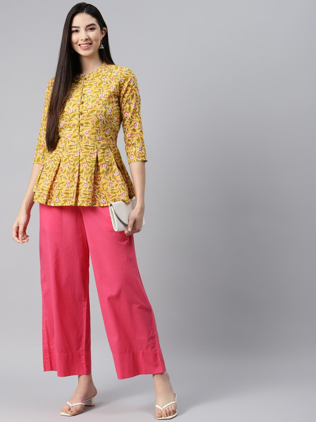 Floral Yellow Cotton Peplum Top with Button Detail - Naticraft