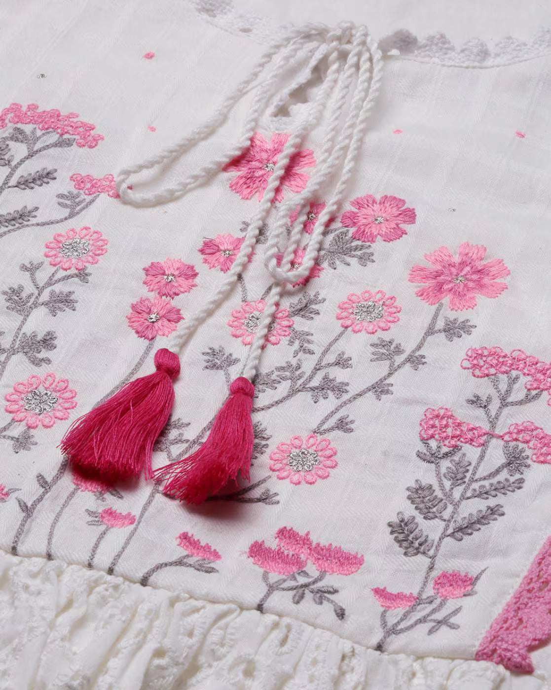 Blossom Dreams Embroidered Cotton Dress – White & Pink - Naticraft