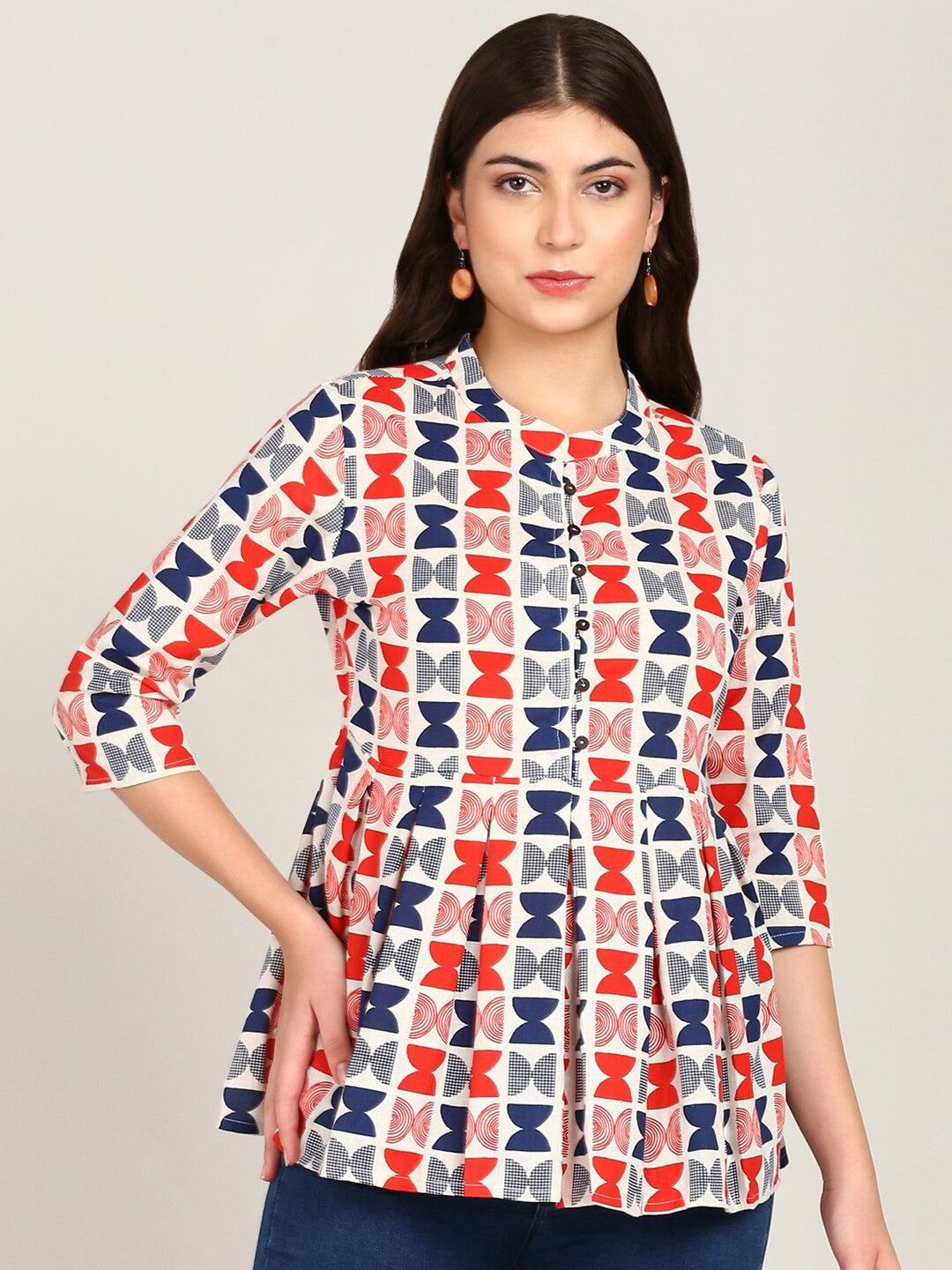 Geometric Print Peplum Top – Red & Blue - Naticraft
