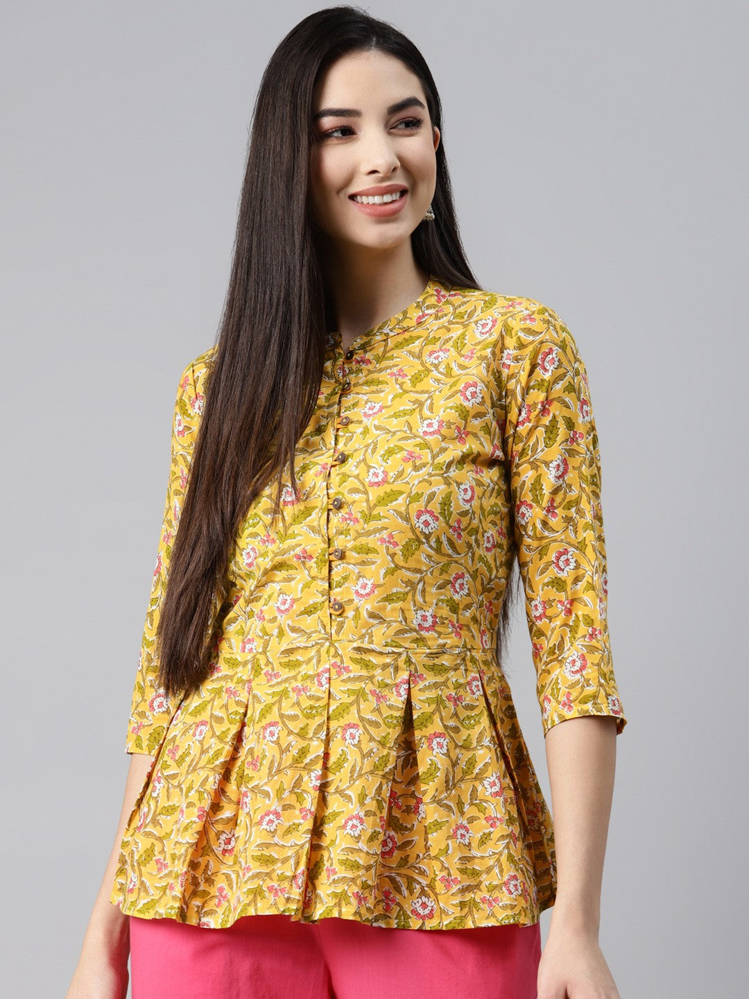 Floral Yellow Cotton Peplum Top with Button Detail - Naticraft