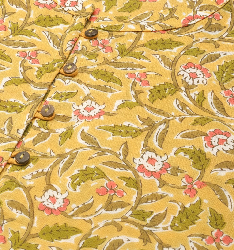 Floral Yellow Cotton Peplum Top with Button Detail - Naticraft