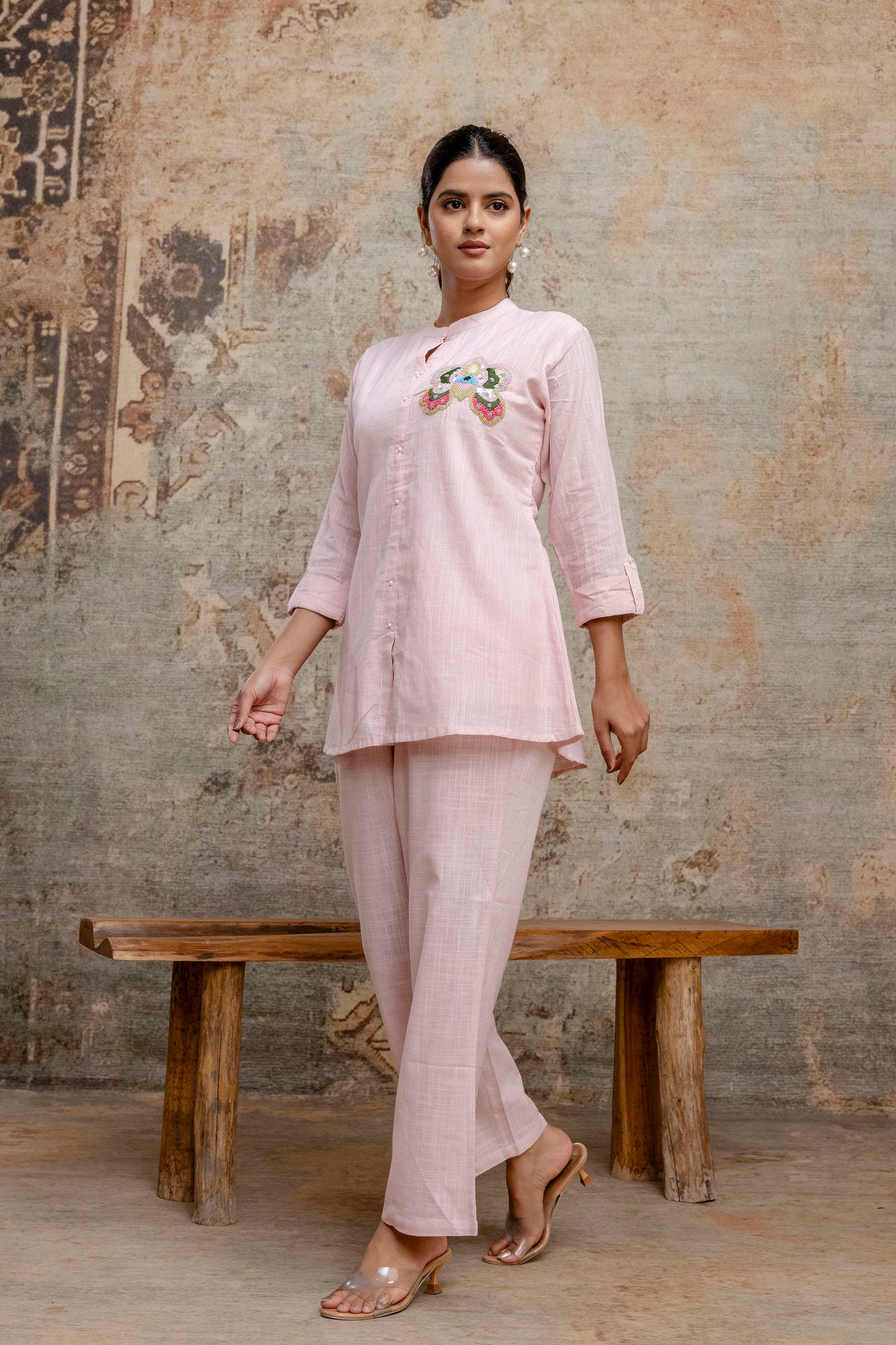 Blush Pink Blend Cotton Co-ord Set with Hand Embroidered Sequin Motif - Naticraft