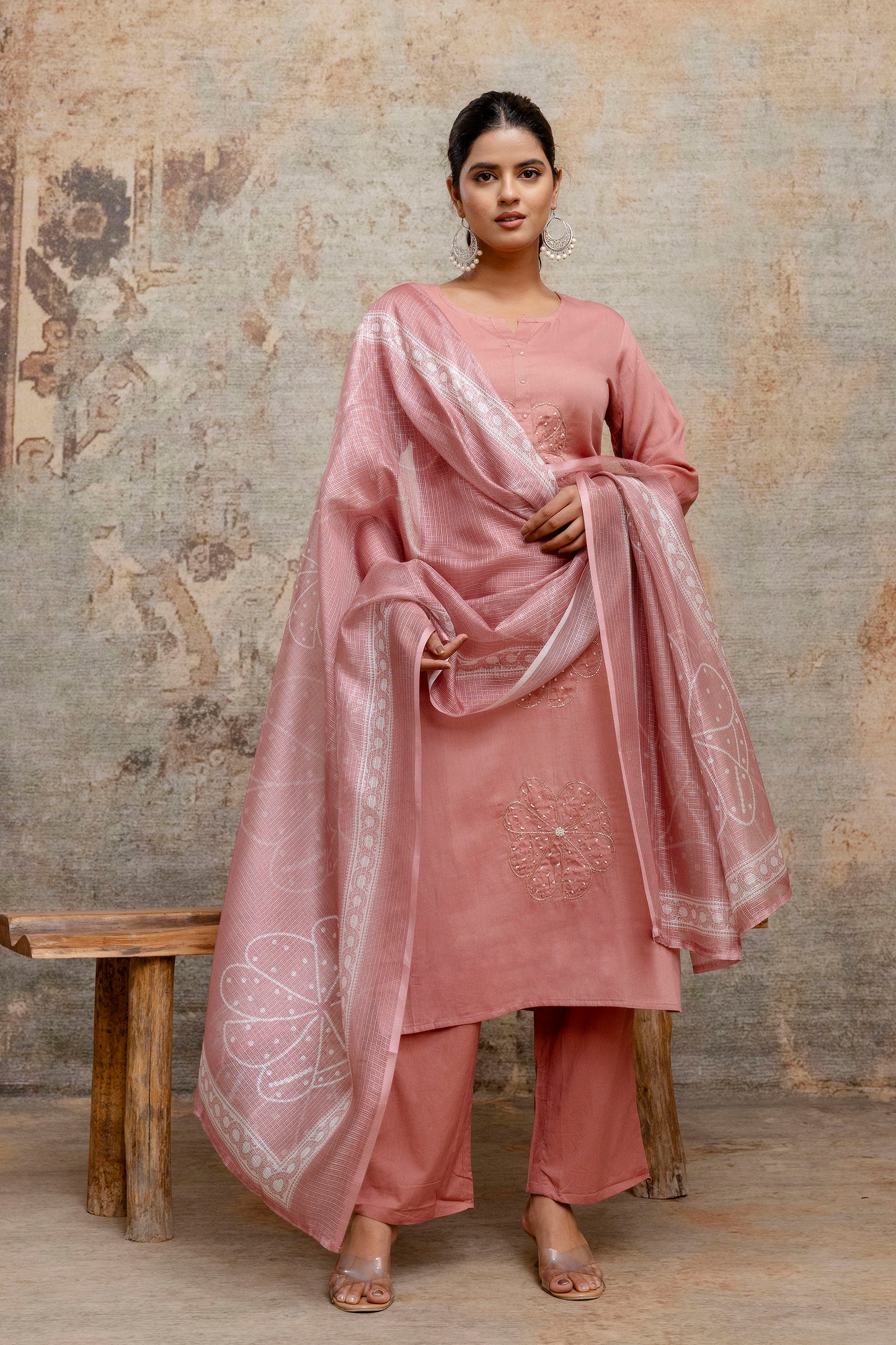 Dusty Rose Pink Cotton Kurta Set with Embroidered Floral Motifs & Dupatta - Naticraft