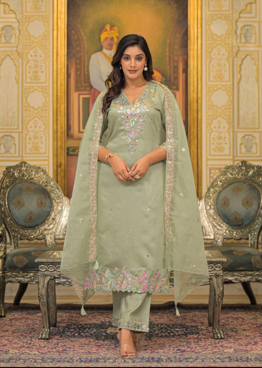 Pastel Sage Silk Embroidered Kurta Set with Mirror Work & Dupatta – Heritage Edition - Naticraft