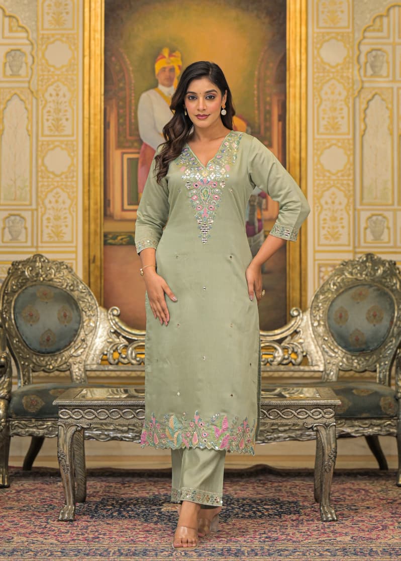 Pastel Sage Silk Embroidered Kurta Set with Mirror Work & Dupatta – Heritage Edition - Naticraft