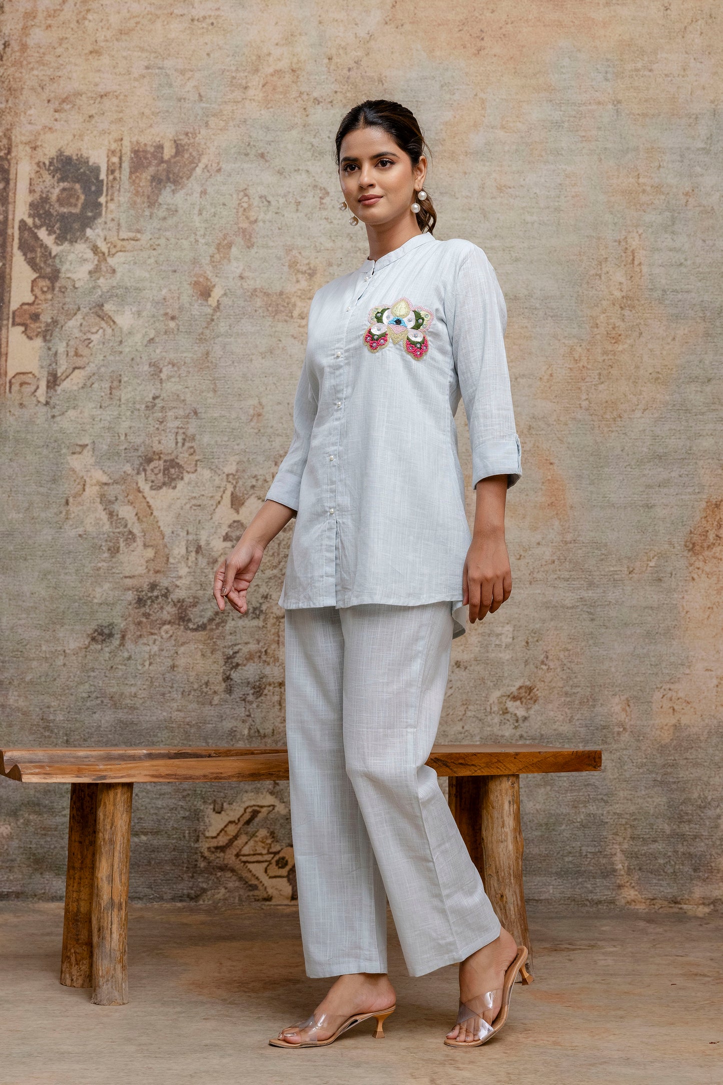 Sky Blue Blend Cotton Co-ord Set with Hand Embroidered Sequin Motif - Naticraft