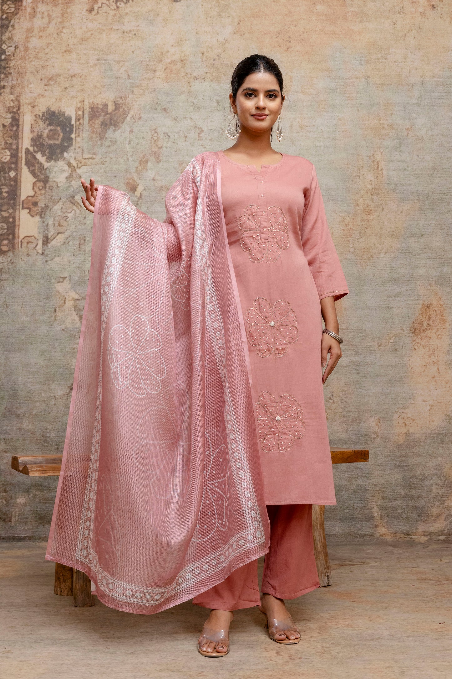 Dusty Rose Pink Cotton Kurta Set with Embroidered Floral Motifs & Dupatta - Naticraft