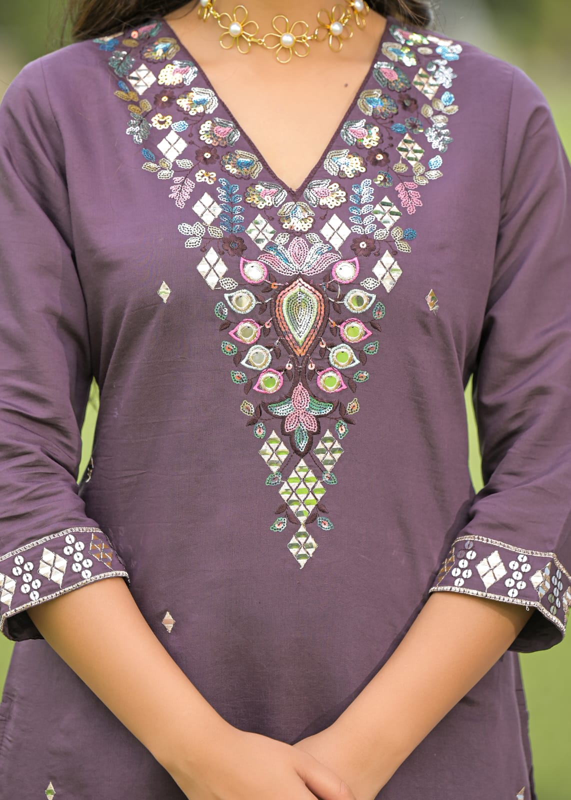 Royal Plum Mirror-Embroidered Kurta Set with Dupatta - Silk – Festive Elegance - Naticraft