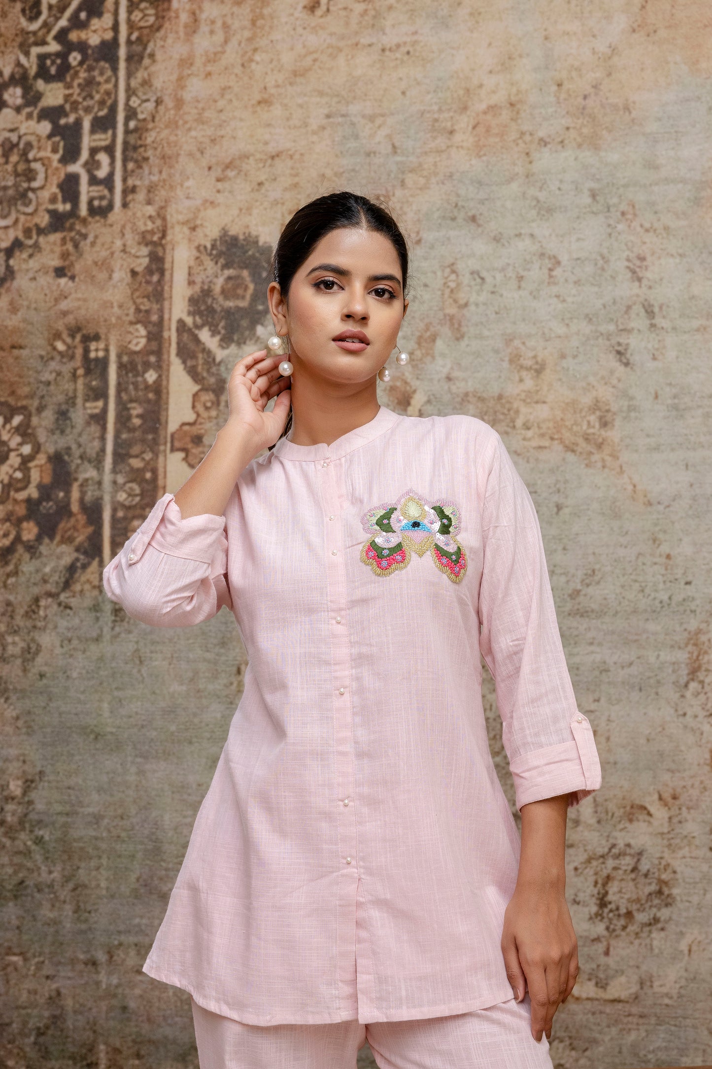 Blush Pink Blend Cotton Co-ord Set with Hand Embroidered Sequin Motif - Naticraft