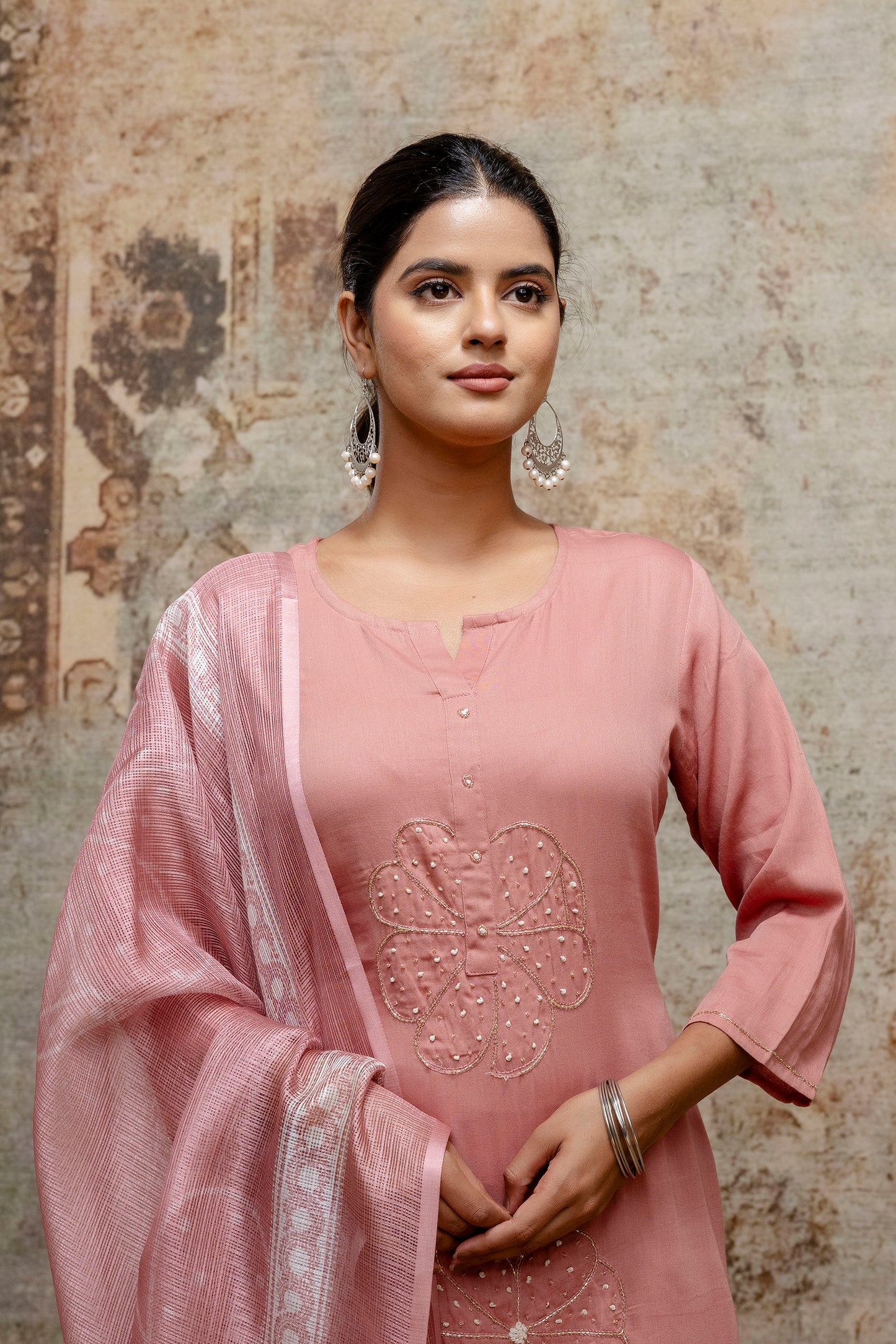 Dusty Rose Pink Cotton Kurta Set with Embroidered Floral Motifs & Dupatta - Naticraft