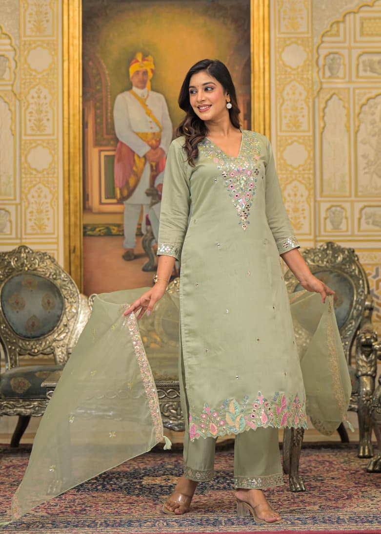 Pastel Sage Silk Embroidered Kurta Set with Mirror Work & Dupatta – Heritage Edition - Naticraft
