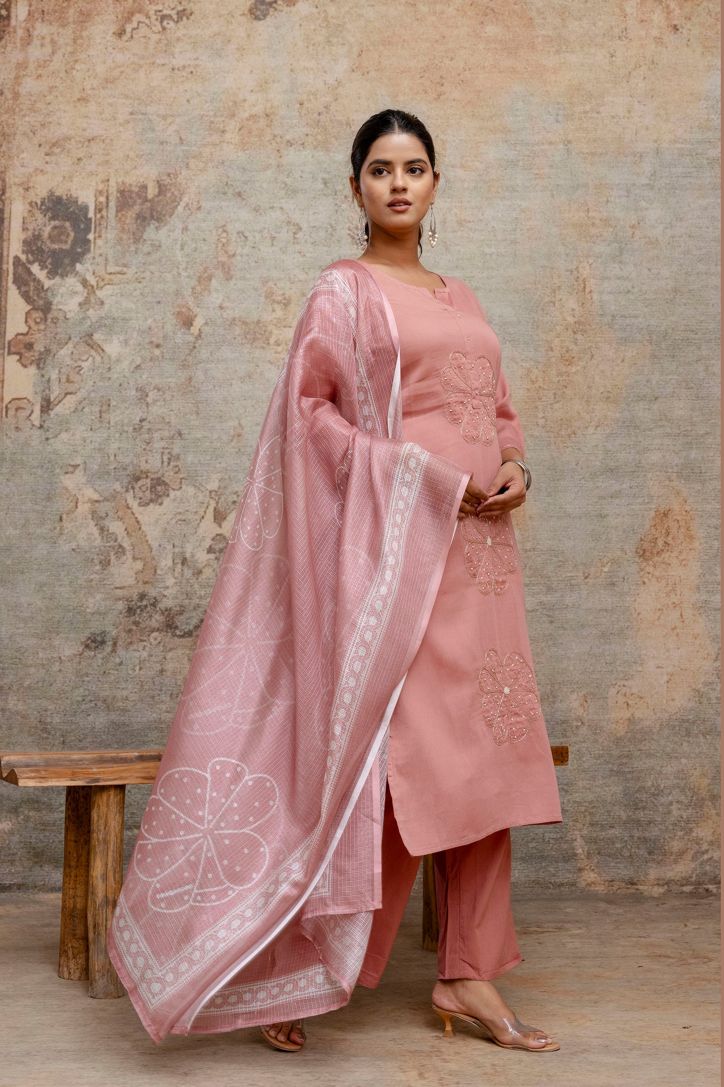 Dusty Rose Pink Cotton Kurta Set with Embroidered Floral Motifs & Dupatta - Naticraft