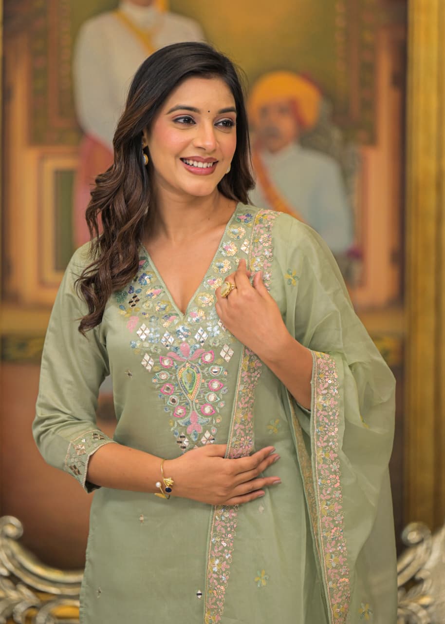 Pastel Sage Silk Embroidered Kurta Set with Mirror Work & Dupatta – Heritage Edition - Naticraft