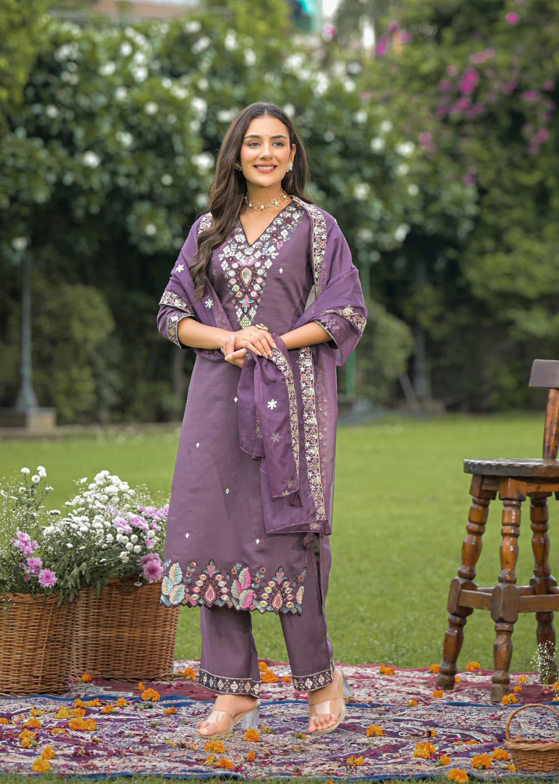 Royal Plum Mirror-Embroidered Kurta Set with Dupatta - Silk – Festive Elegance - Naticraft