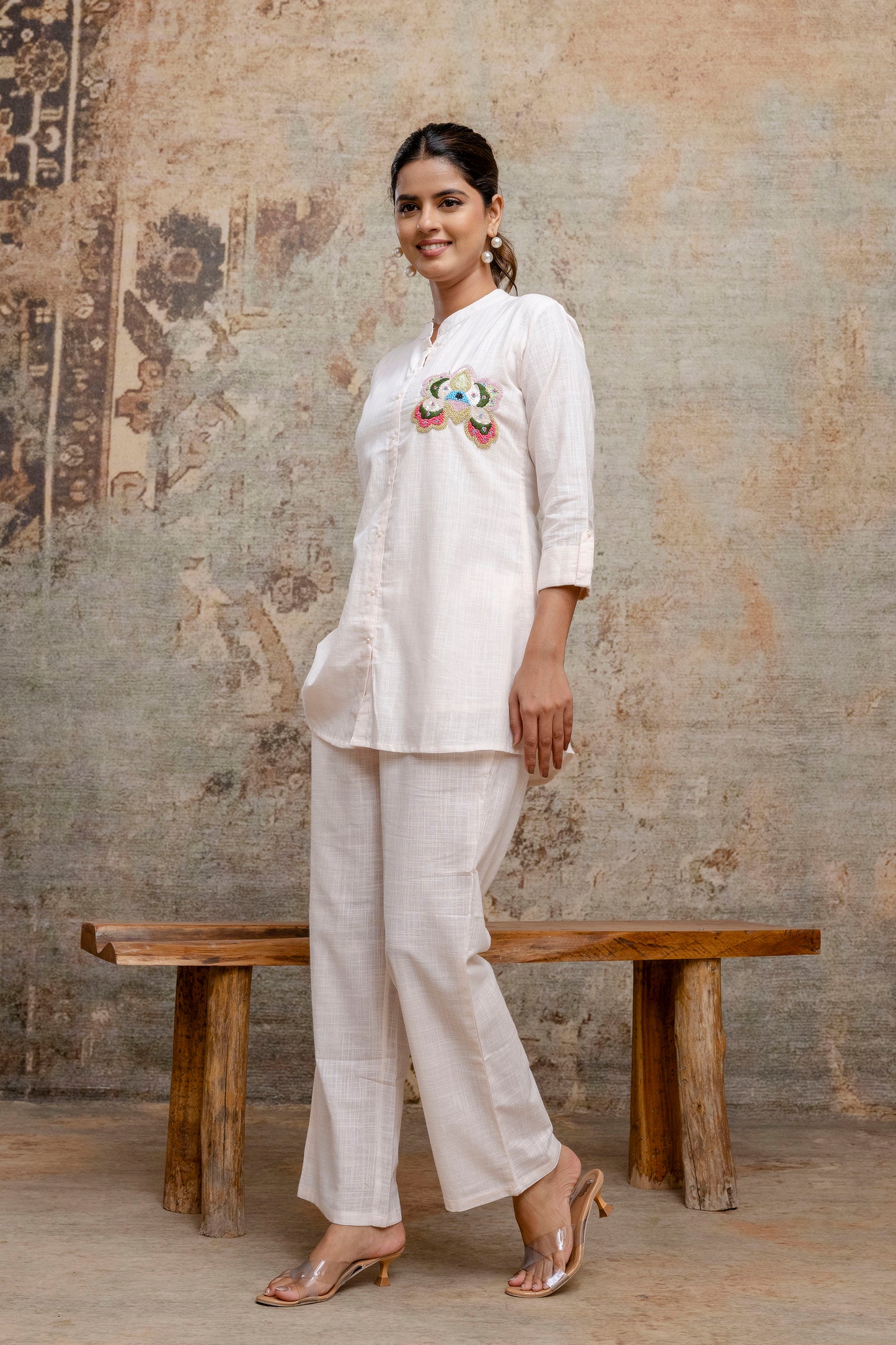 Elegant White Cotton Co-ord Set with Hand Embroidered Floral Motif - Naticraft