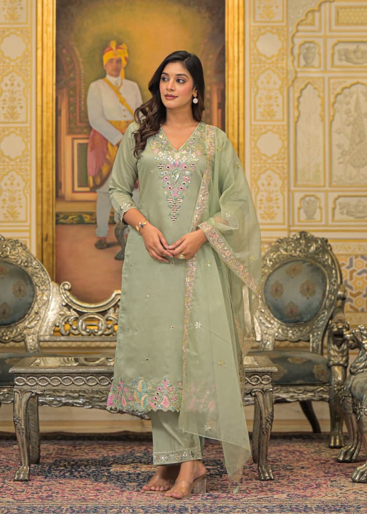 Pastel Sage Silk Embroidered Kurta Set with Mirror Work & Dupatta – Heritage Edition - Naticraft