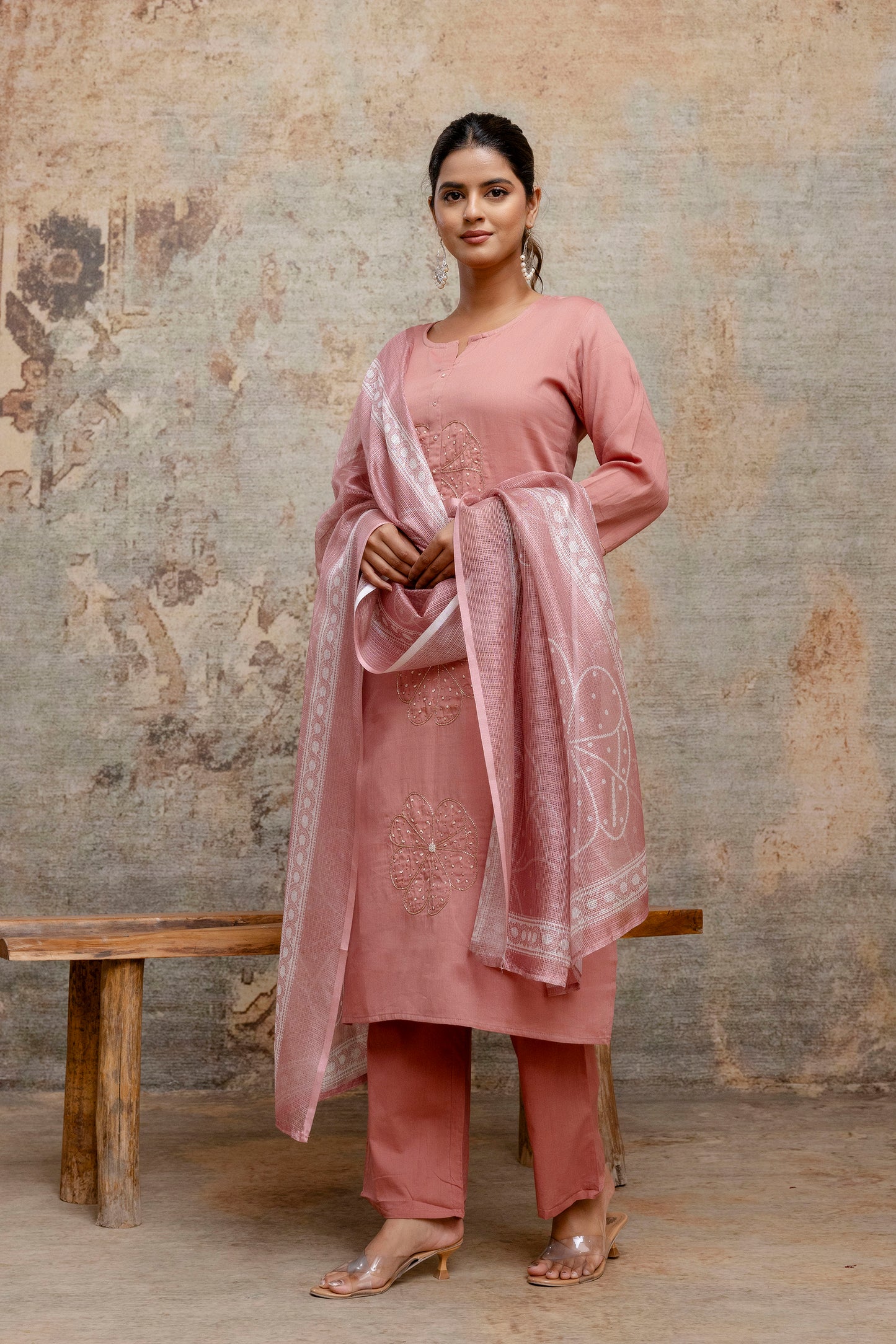 Dusty Rose Pink Cotton Kurta Set with Embroidered Floral Motifs & Dupatta - Naticraft