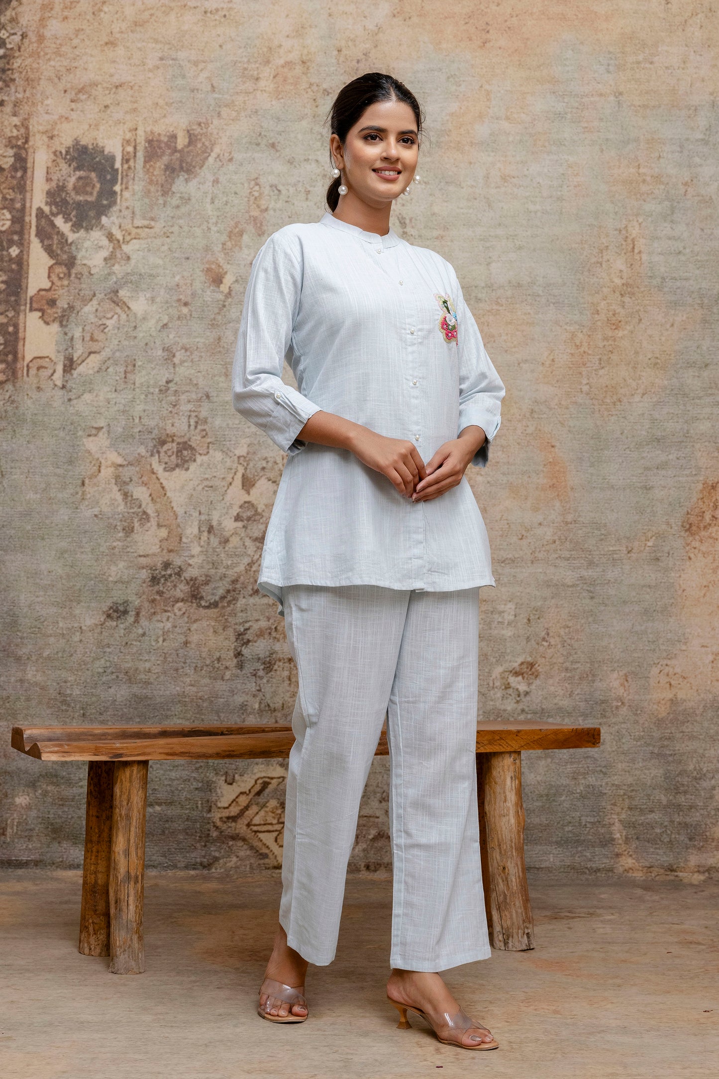 Sky Blue Blend Cotton Co-ord Set with Hand Embroidered Sequin Motif - Naticraft