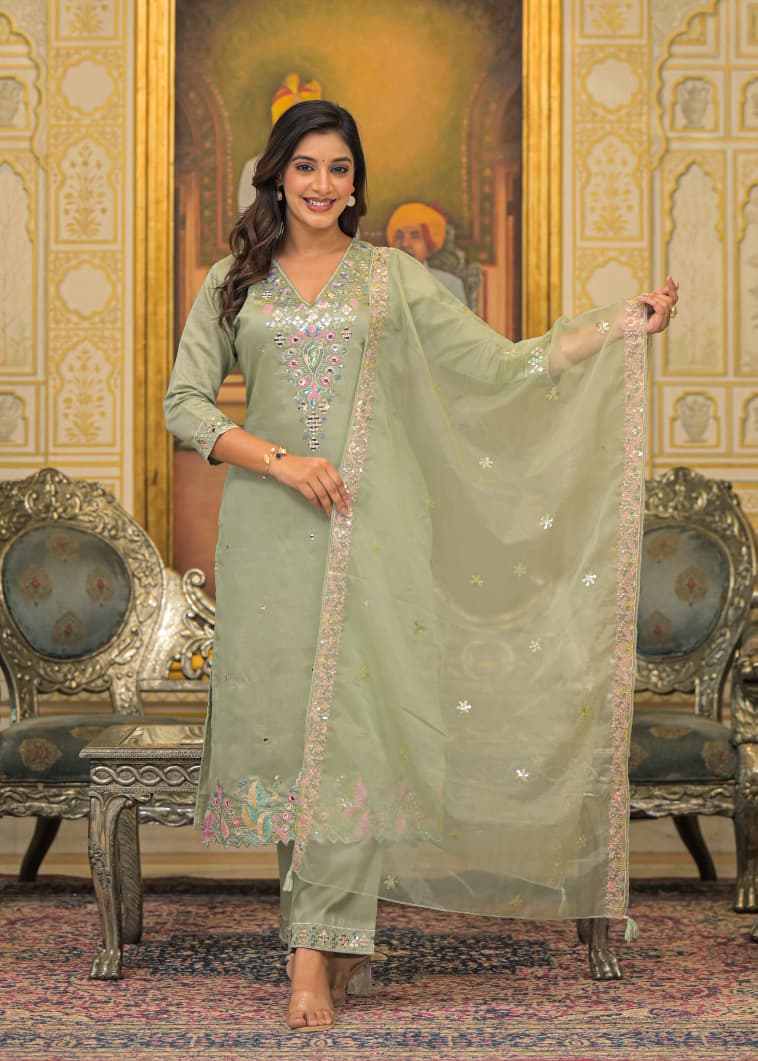 Pastel Sage Silk Embroidered Kurta Set with Mirror Work & Dupatta – Heritage Edition - Naticraft