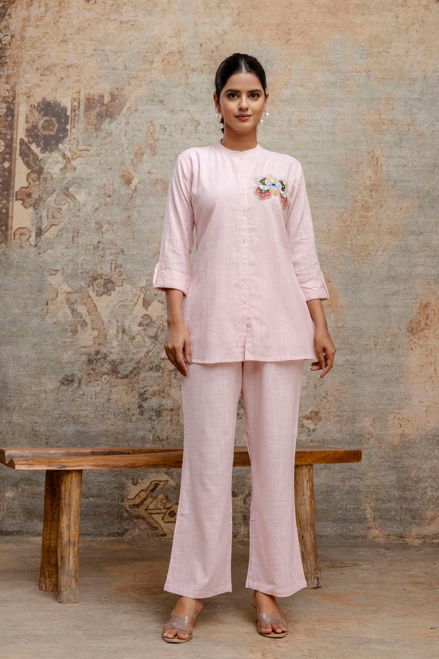 Blush Pink Blend Cotton Co-ord Set with Hand Embroidered Sequin Motif - Naticraft