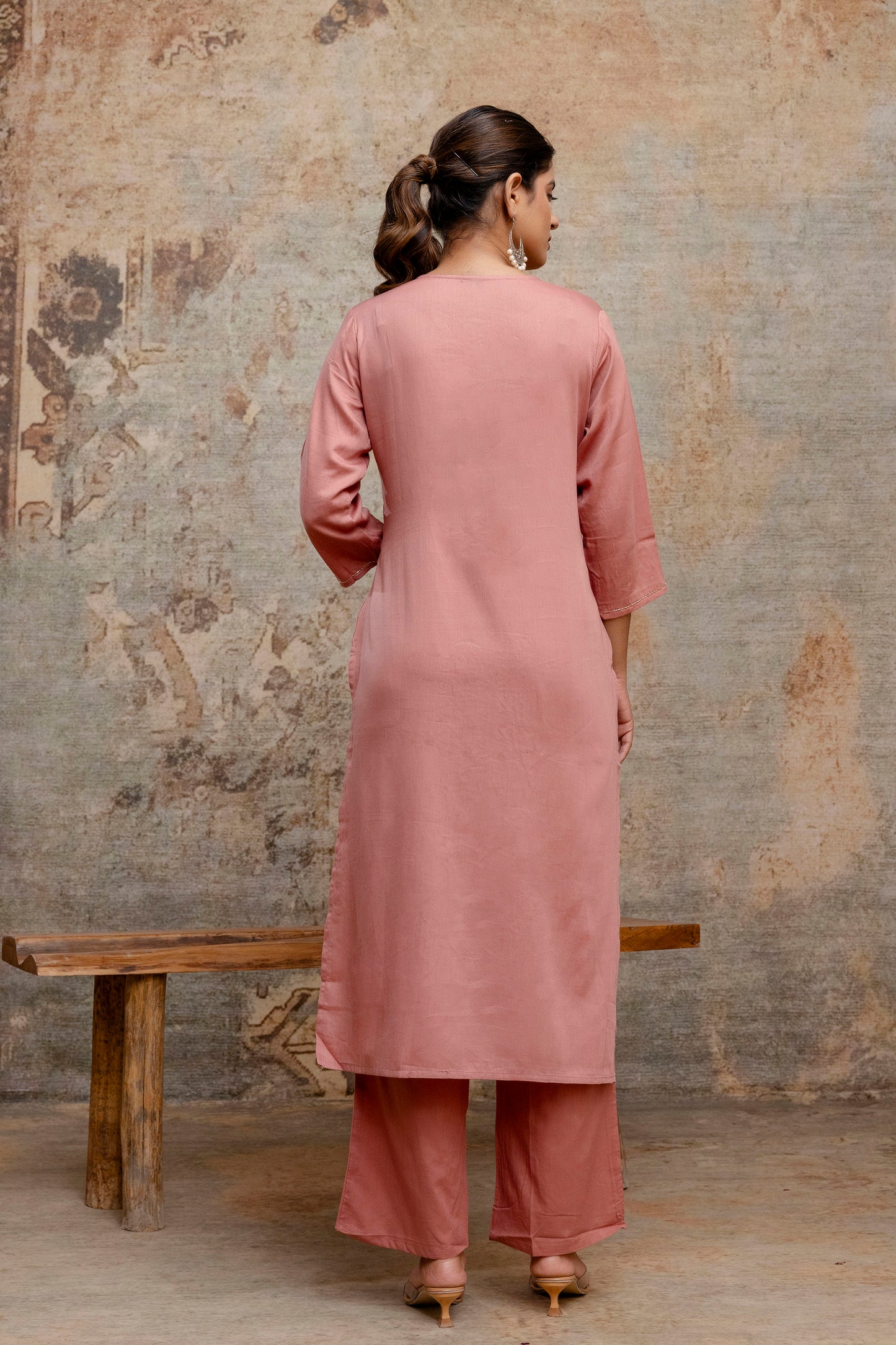 Dusty Rose Pink Cotton Kurta Set with Embroidered Floral Motifs & Dupatta - Naticraft