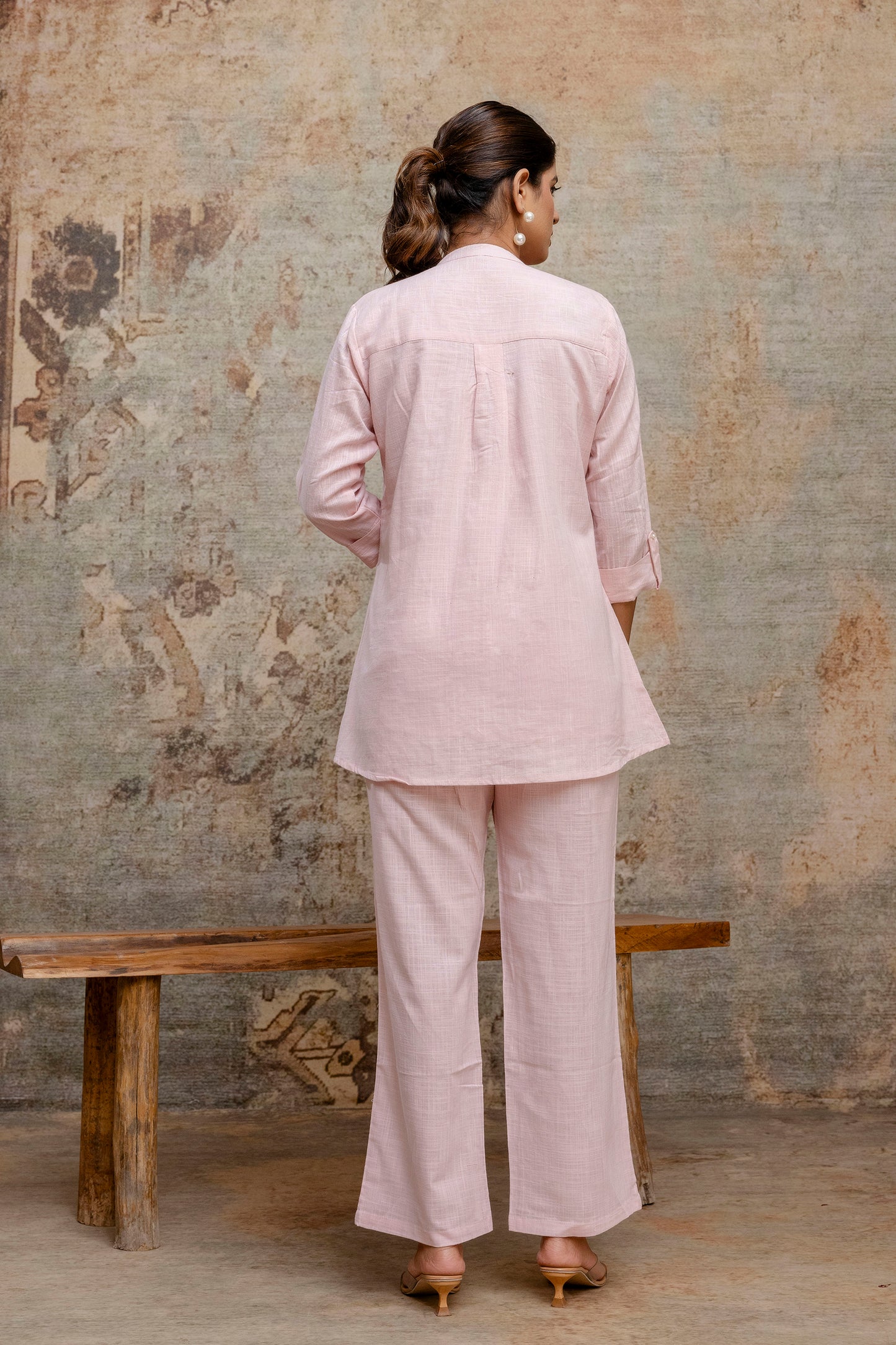 Blush Pink Blend Cotton Co-ord Set with Hand Embroidered Sequin Motif - Naticraft