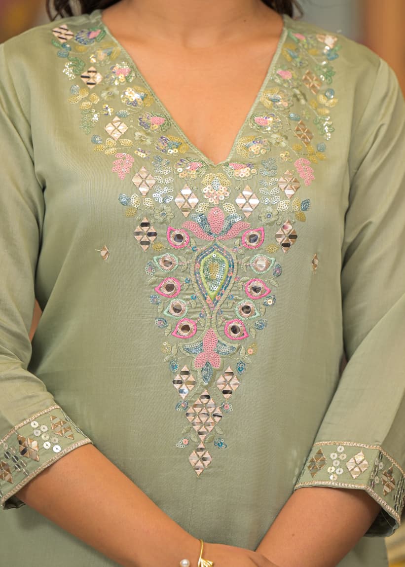 Pastel Sage Silk Embroidered Kurta Set with Mirror Work & Dupatta – Heritage Edition - Naticraft