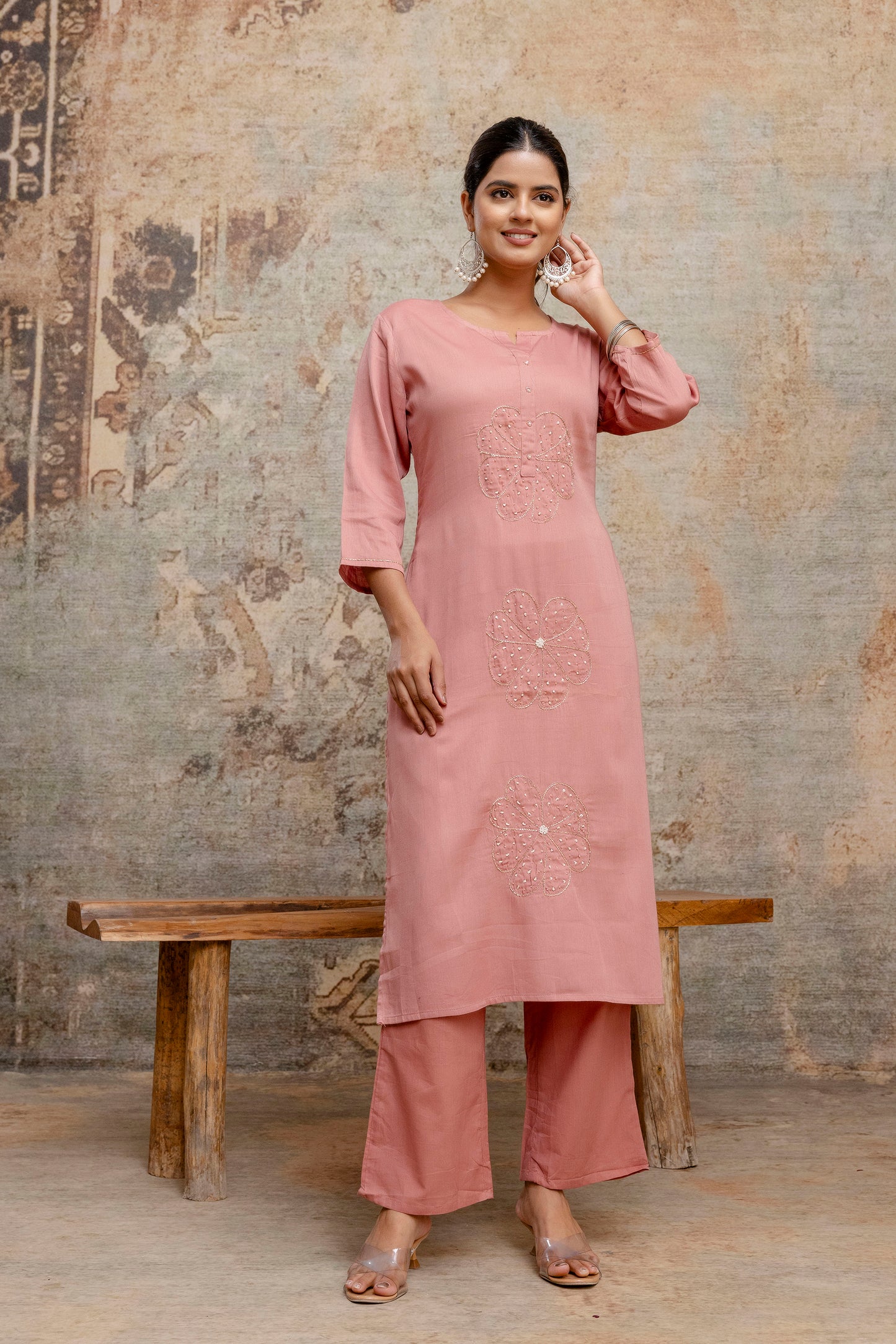 Dusty Rose Pink Cotton Kurta Set with Embroidered Floral Motifs & Dupatta - Naticraft