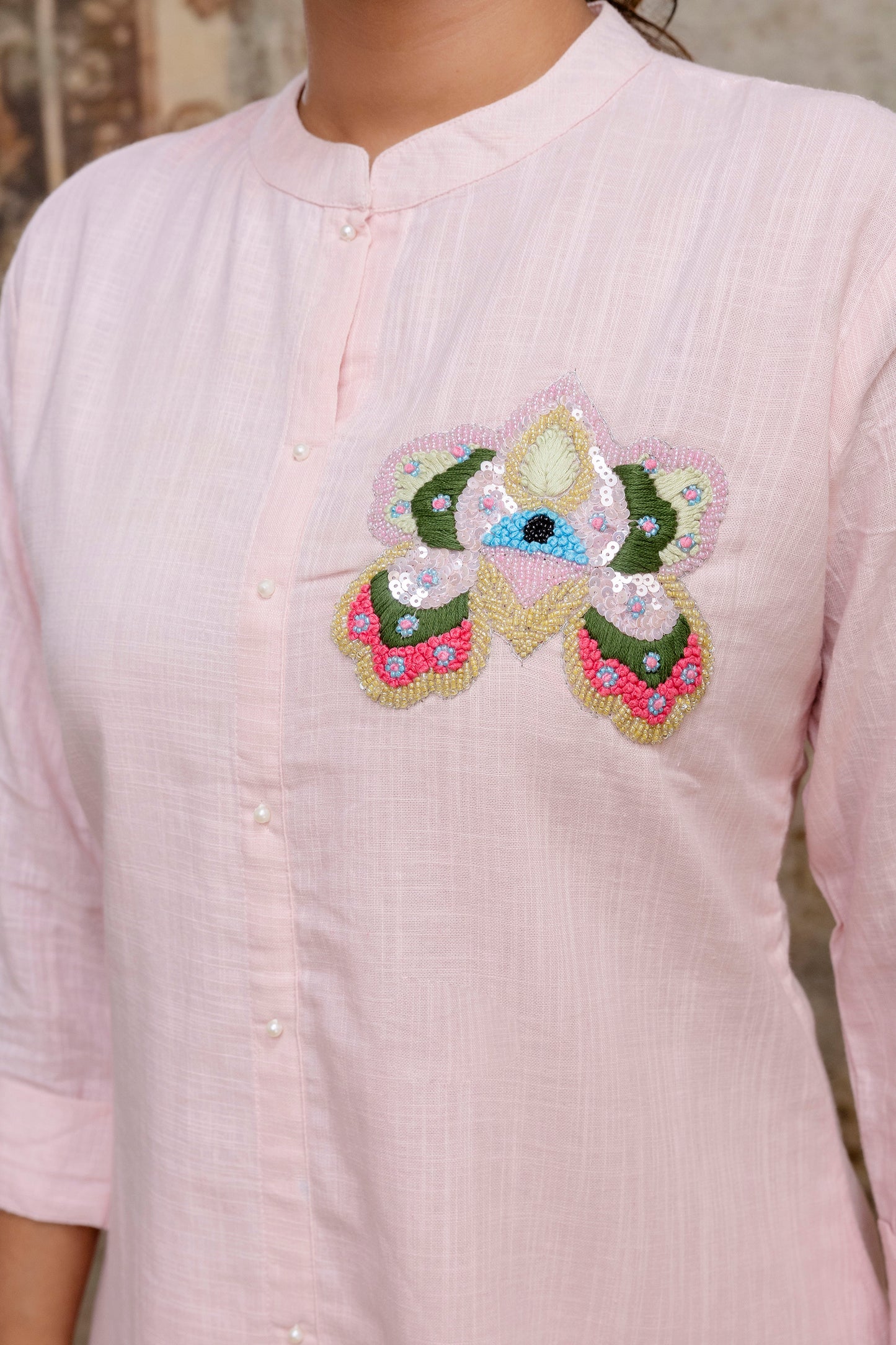 Blush Pink Blend Cotton Co-ord Set with Hand Embroidered Sequin Motif - Naticraft