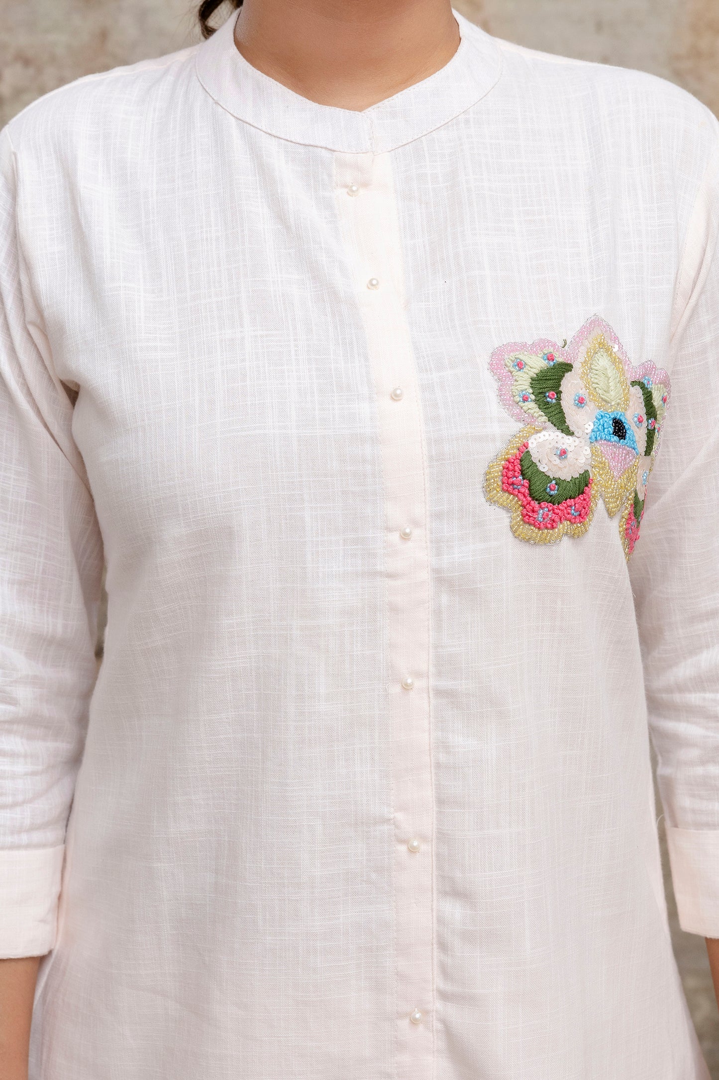 Elegant White Cotton Co-ord Set with Hand Embroidered Floral Motif - Naticraft