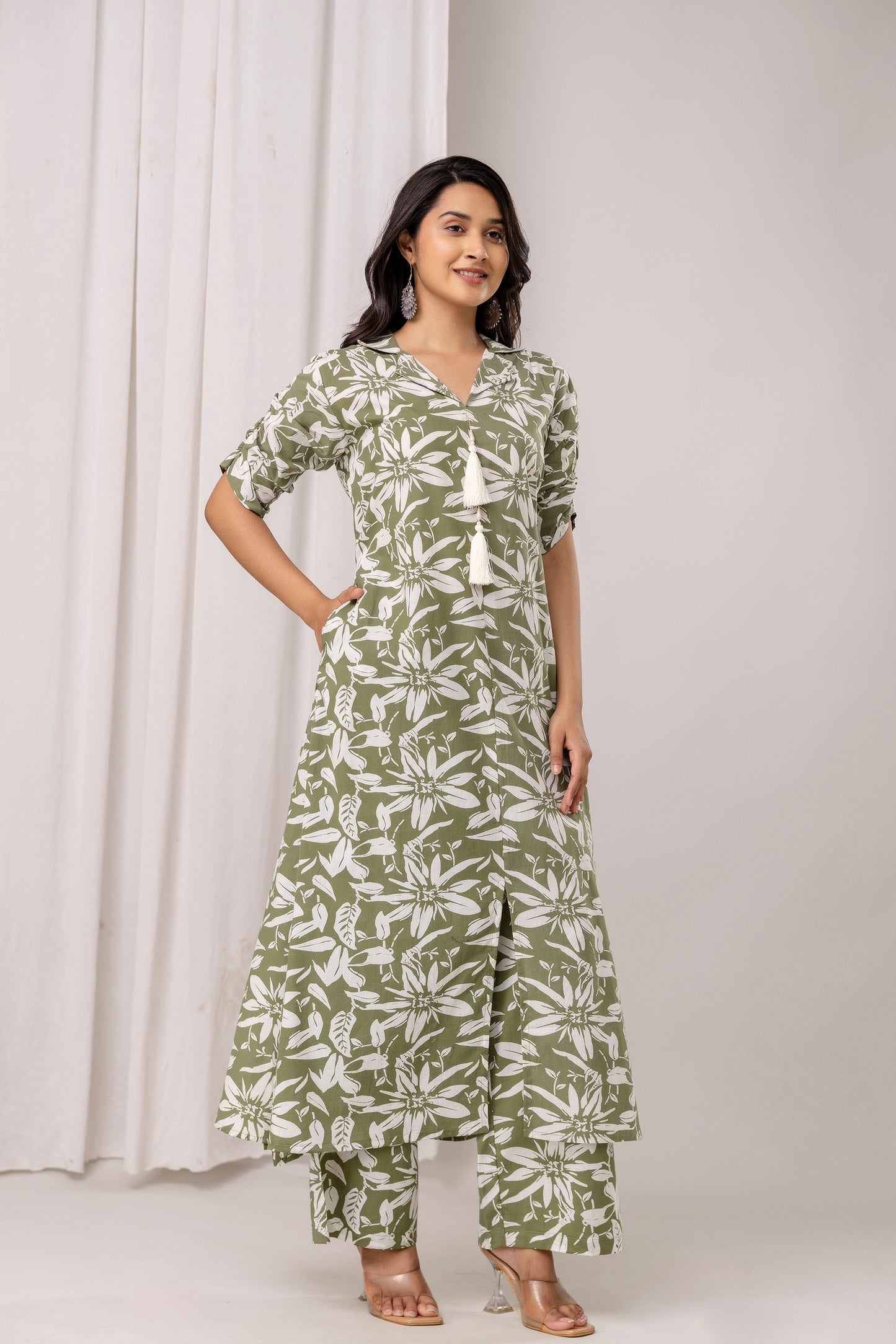 Floral Print A-Line Cotton Kurta with Pants- Tassels – Olive Green & Black - Naticraft