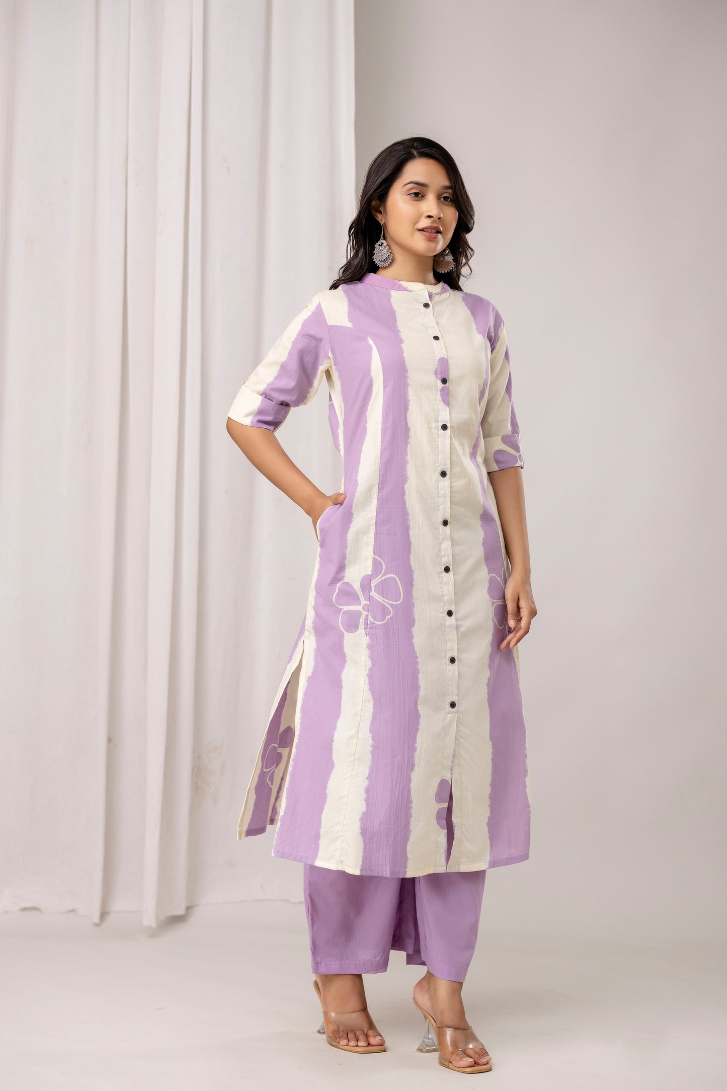 Striped Cotton Kurta & Pants with Minimal Floral Accents – Lavender & Green - Naticraft