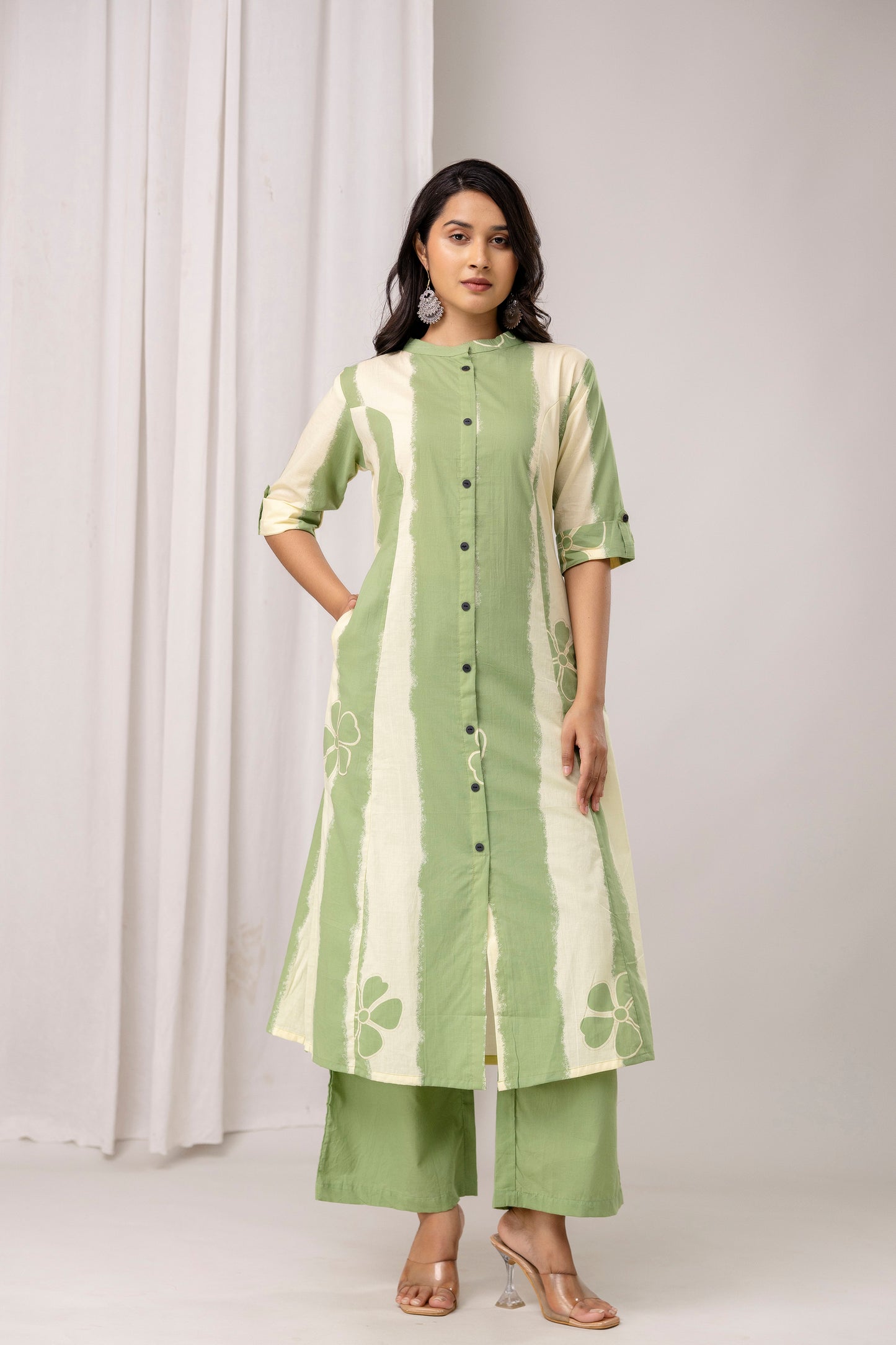 Striped Cotton Kurta & Pants with Minimal Floral Accents – Lavender & Green - Naticraft