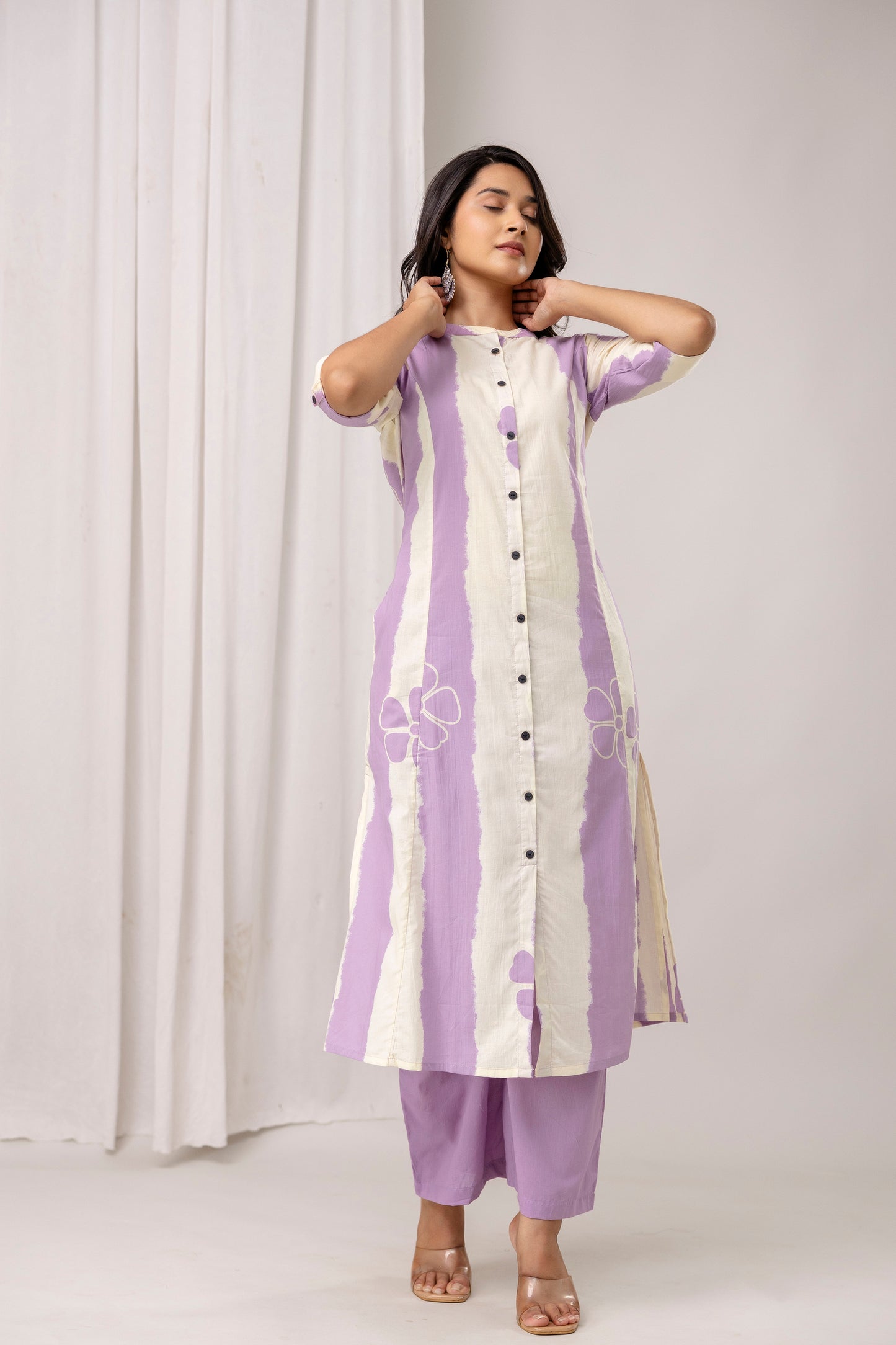 Striped Cotton Kurta & Pants with Minimal Floral Accents – Lavender & Green - Naticraft