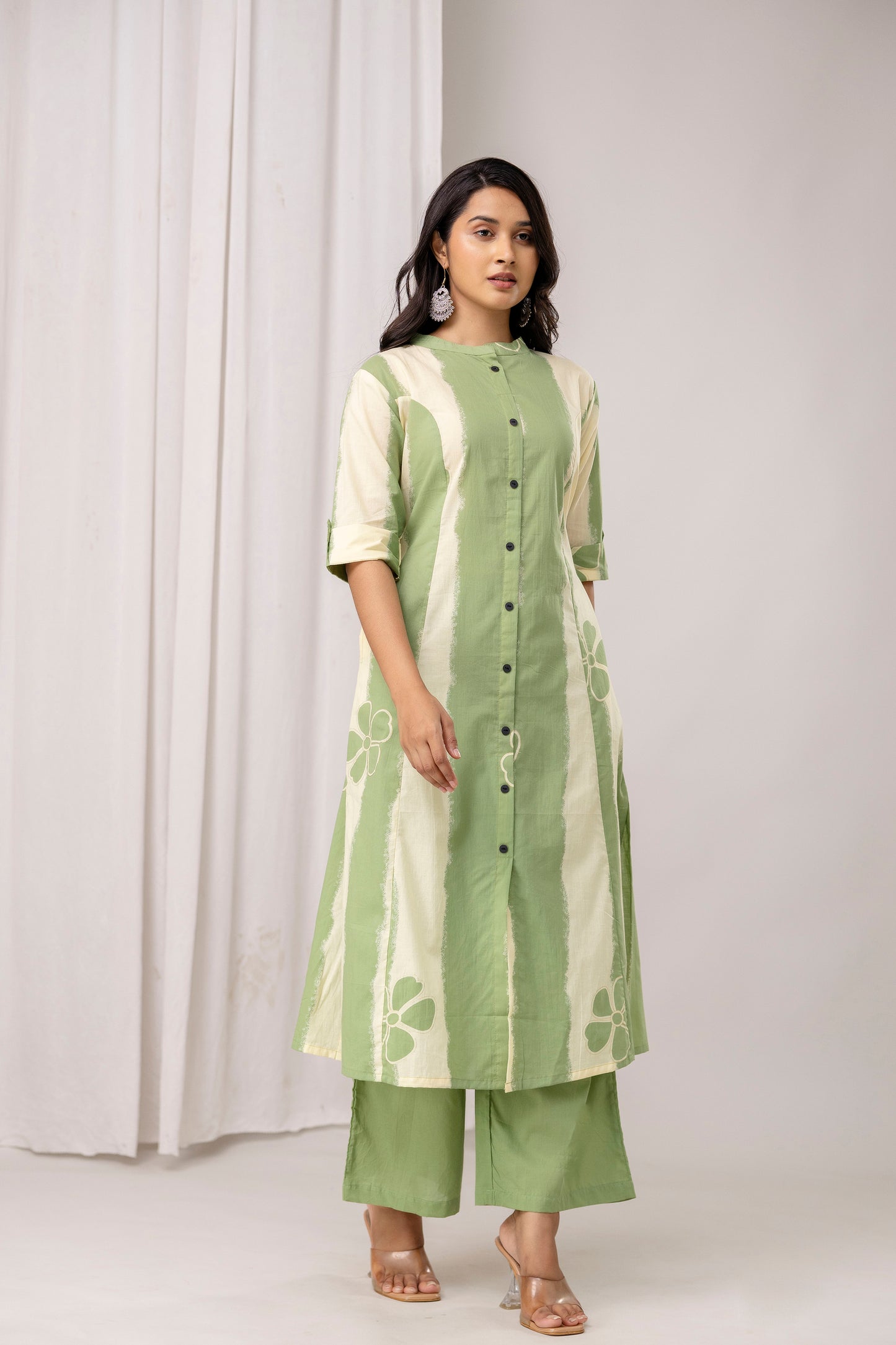 Striped Cotton Kurta & Pants with Minimal Floral Accents – Lavender & Green - Naticraft