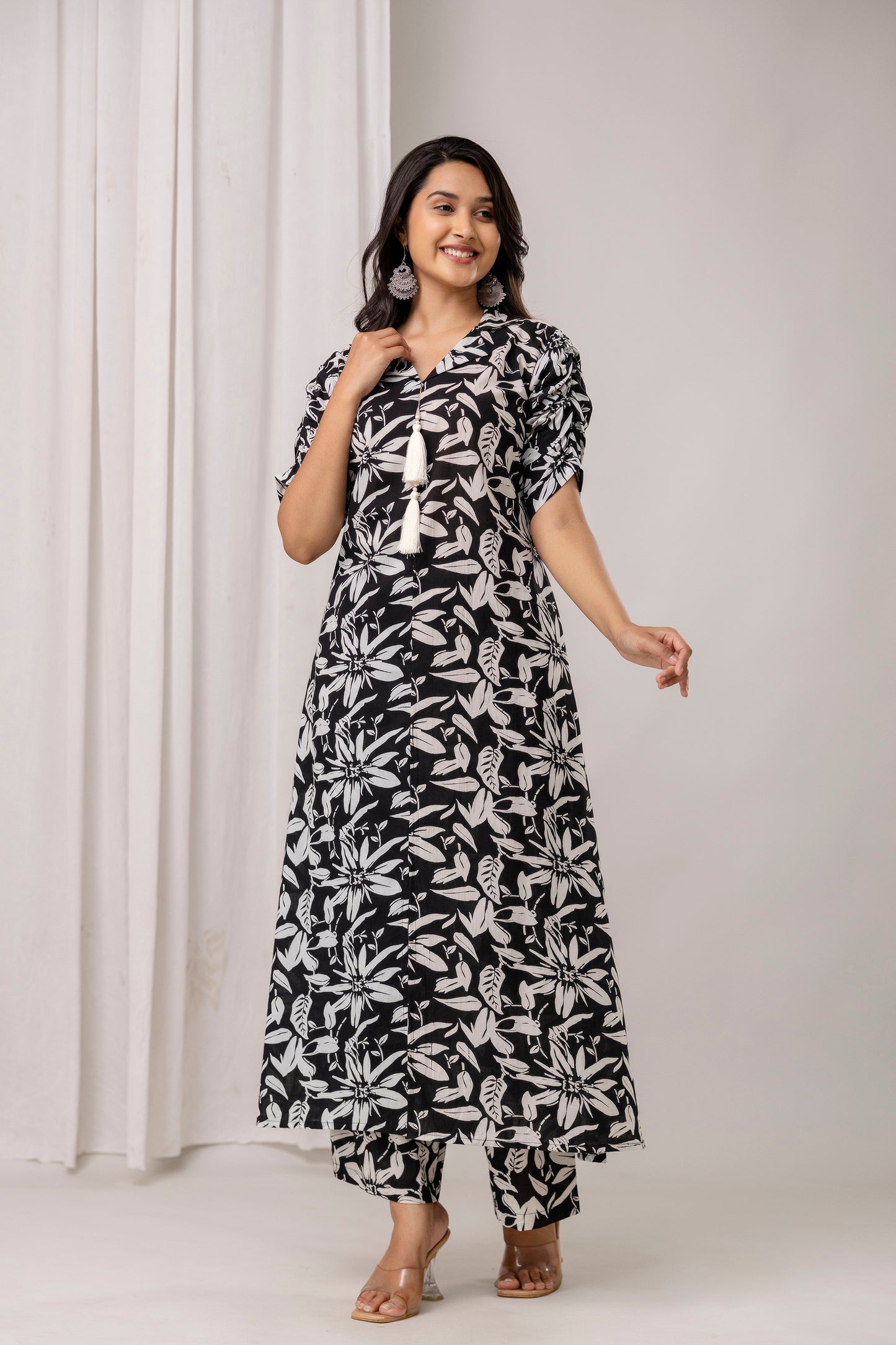 Floral Print A-Line Cotton Kurta with Pants- Tassels – Olive Green & Black - Naticraft